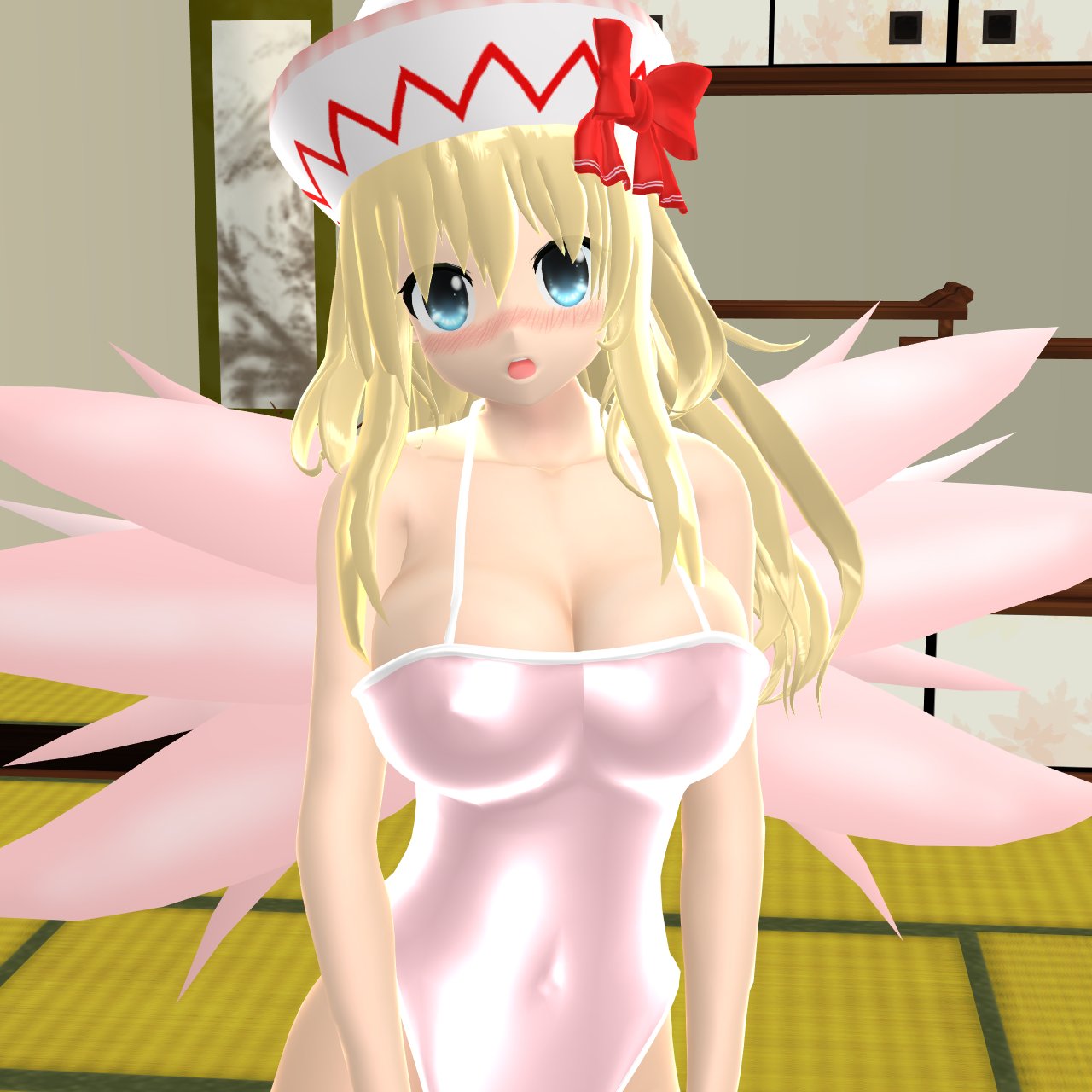 1girls 2023 3d_(artwork) belly_button blonde_hair_female blue_eyes blush breasts cleavage fairy fairy_wings hati_yukkuri_mmd indoors inside light-skinned_female lily_white long_hair_female looking_at_viewer mikumikudance mmd perfect_cherry_blossom pink_swimsuit red_ribbon solo_female solo_focus swimsuit touhou white_headwear wings