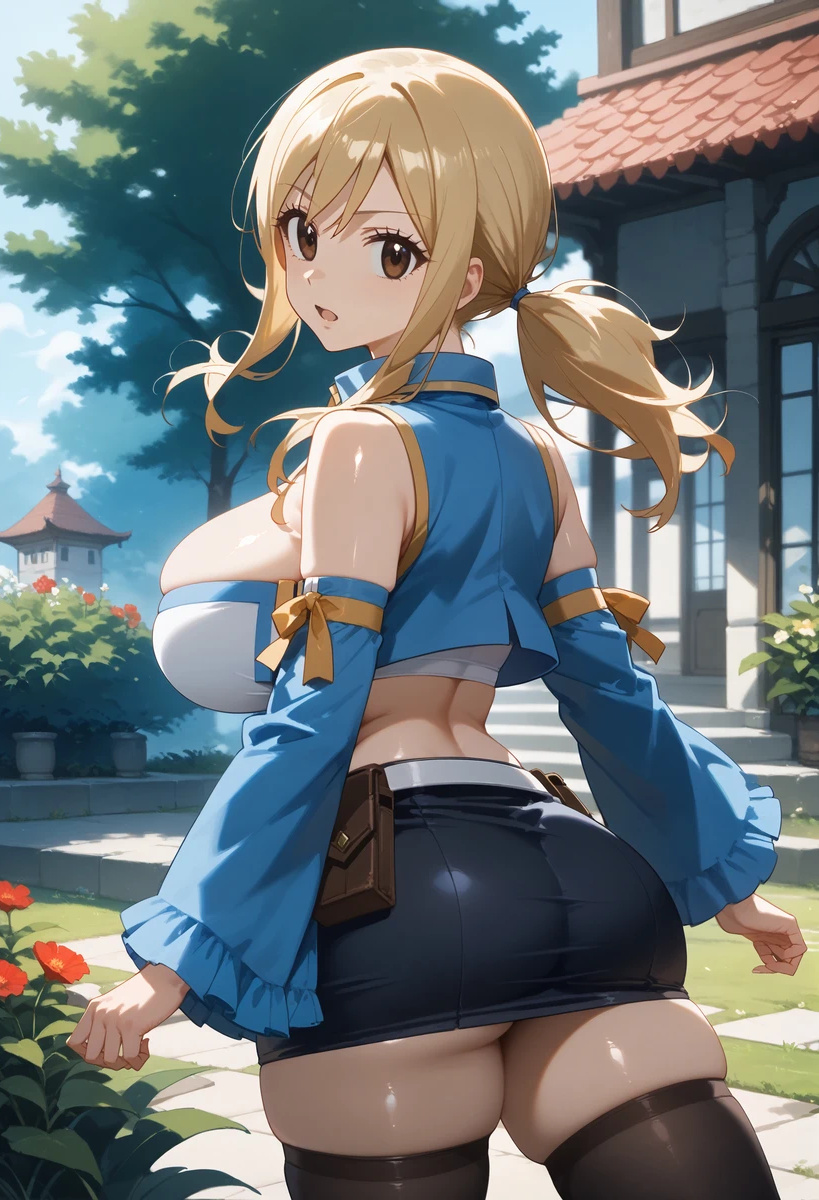 ai_generated back_view backboob bare_legs big_ass big_breasts big_butt blonde_hair blush brown_eyes fairy_tail fat_ass gigantic_ass huge_breasts huge_thighs light-skinned_female light_skin looking_back lucy_heartfilia mako_(artist) massive_ass massive_breasts oiled_body oiled_skin short_skirt solo_female squatting stockings sweat sweatdrop thick_body thick_female thick_thighs thighs twintails voluptuous voluptuous_female