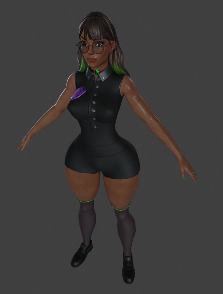 3d_model brown_eyes brown_hair clothed fortnite fortnite:_battle_royale gem gradient_hair green_hair isabelle_(fortnite) nipple_bulge round_glasses scarecraw_ thick thick_thighs