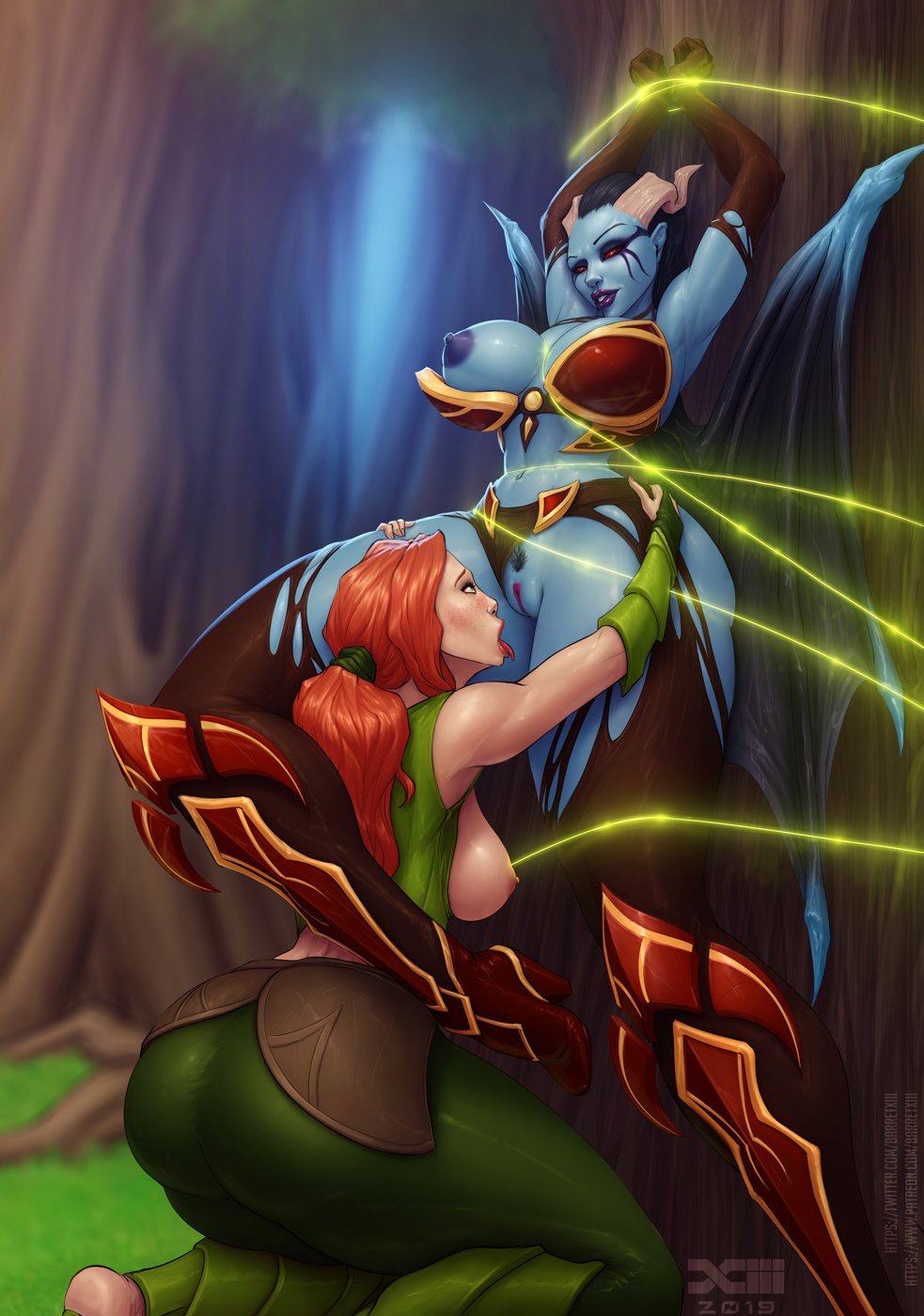 2girls, areolae, ass, barretxiii, bleeding mascara, bondage, breasts, dota 2, female, female only, femdom, femsub, multiple females, multiple girls, nipples, open mouth, pussy, queen of pain, restrained, tongue, tongue out, windranger, yuri