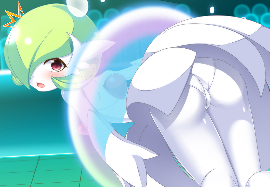 1girls, ass, blush, breasts, cute, female, female only, flat chest, gardevoir, green hair, looking at viewer, looking back, mega evolution, mega gardevoir, nintendo, no breasts, panties, pokémon (species), pokemon, pokemon (species), red eyes, shocked