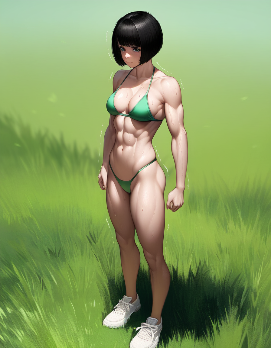 abs aged_up ai_generated bikini breasts buttercup_(powerpuff_girls) fit_female infernokittie powerpuff_girls sweat toned_female