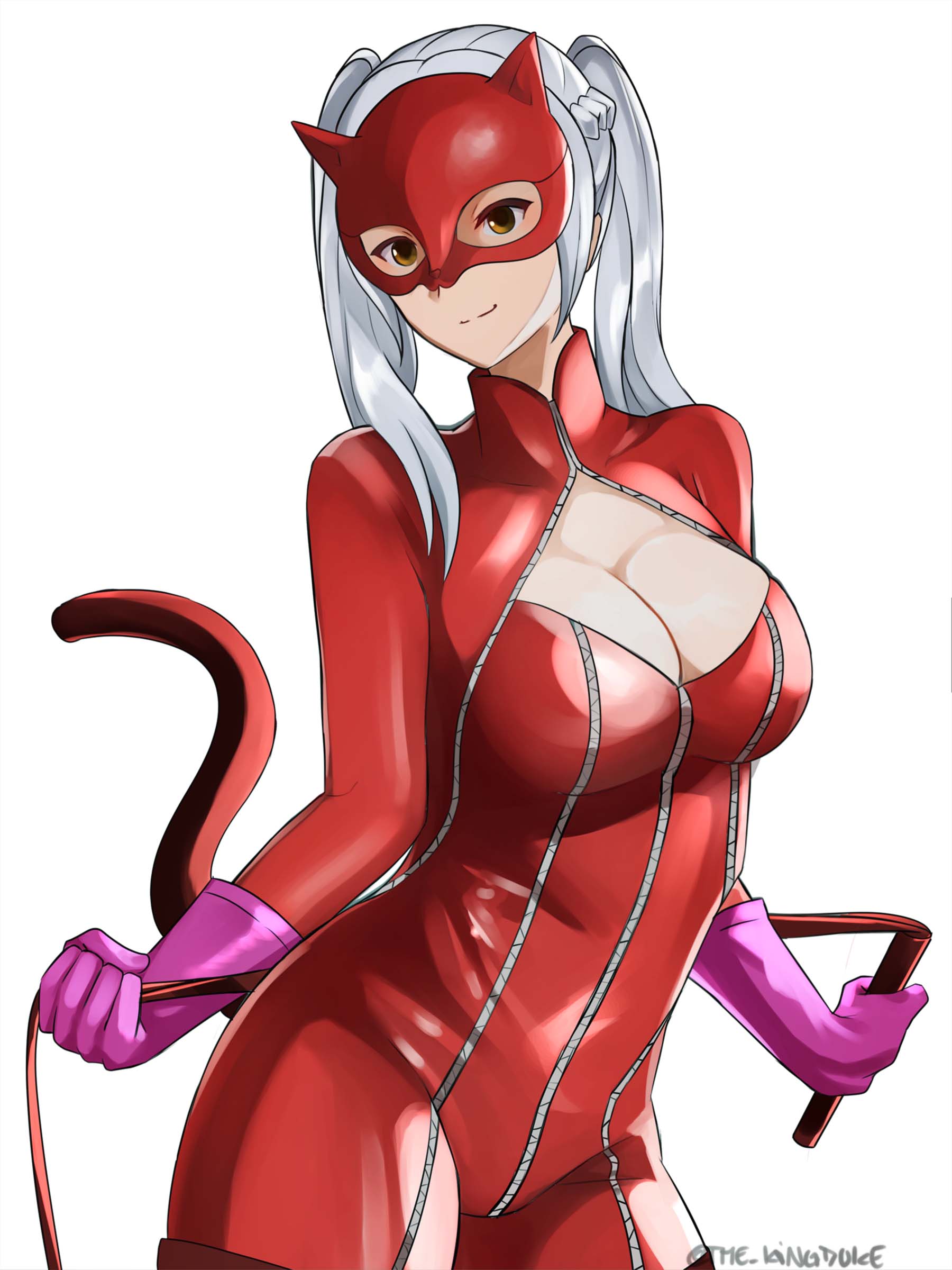 animal_ears ann_takamaki_(cosplay) bodysuit breasts brown_eyes cat_tail cleavage closed_mouth clothing cosplay female fire_emblem fire_emblem_awakening gloves high_resolution human latex_bodysuit mask medium_breasts nekomimi pale_skin persona persona_5 phantom_thief_suit pink_gloves red_bodysuit robin_(fire_emblem) robin_(fire_emblem)_(female) simple_background skin_tight smile solo tail the_kingduke tied_hair tommietomm twintails twitter_username very_high_resolution white_background white_hair