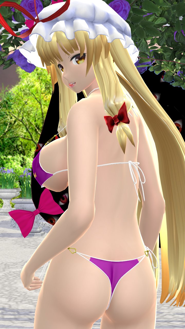 1girls 2023 3d_(artwork) ass bikini blonde_hair_female butt_crack butt_crack_outline gap hati_yukkuri_mmd light-skinned_female long_hair_female looking_at_viewer looking_back mikumikudance mmd mob_cap outdoors outside perfect_cherry_blossom portal purple_bikini rear_view red_bowtie red_ribbon solo_female solo_focus swimsuit touhou white_headwear white_string_bikini yellow_eyes youkai yukari_yakumo