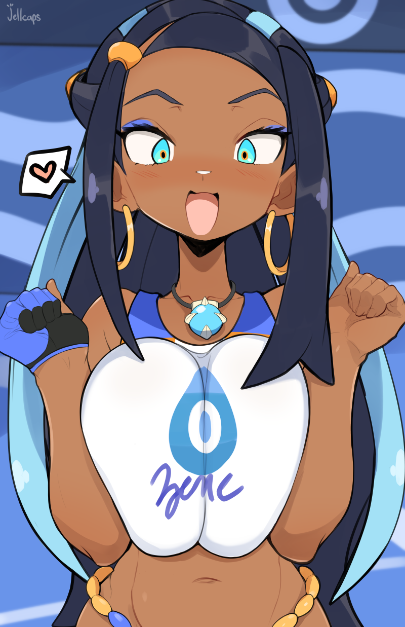 1girls 2024 big_breasts black_hair blue_eyes blue_hair boobs dark_skin eyeshadow female happy heart hi_res human jellcaps nessa_(pokemon) pokemon pokemon_swsh solo tagme