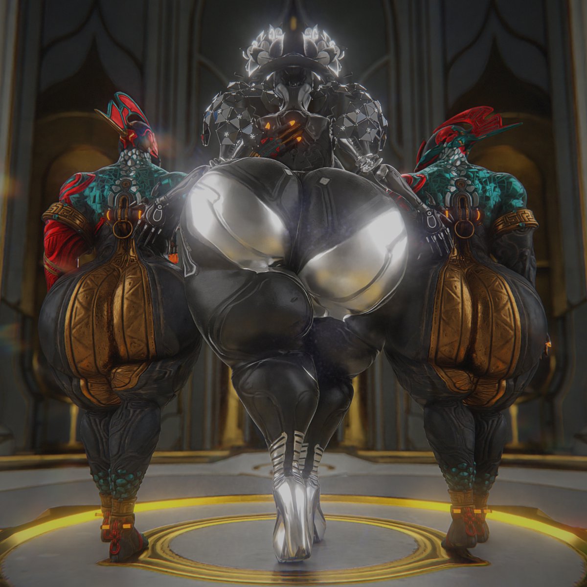 1girl 2boys big_ass bubble_butt character_request female huge_ass mag_(warframe) qzk_forte styanax_(warframe) tagme thick_thighs warframe wide_hips