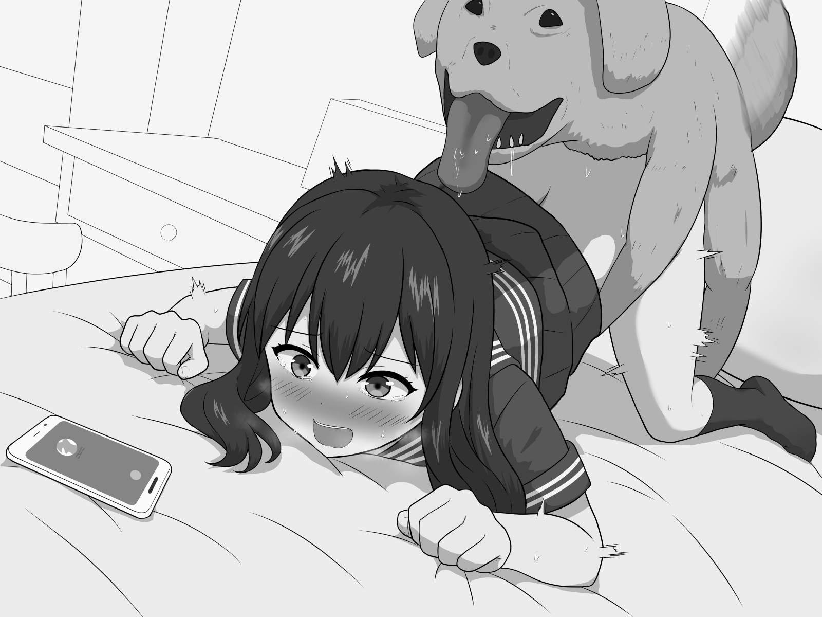 1boy, 1girls, aitsugu, animal ears, bed, bedroom, blush, canine, cellphone, clothed sex, dog ears, doggy style, female, interspecies, long hair, looking at viewer, male, male/female, monochrome, on bed, open mouth, original, penetration, phone, pussy, saliva, school uniform, schoolgirl, sex, sex from behind, tongue, tongue out, top-down bottom-up, vaginal, vaginal insertion, vaginal penetration, vaginal sex, zoophilia