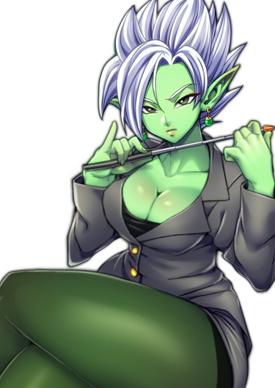 1girls breasts business_suit core_person cute dragon_ball dragon_ball_super female female_zamasu goddess green_skin long_ears pointy_ears potara_earrings rule_63 spiky_hair stockings super_saiyan super_saiyan_rose teacher teba_motoko thick_thighs white_hair wide_hips zamasu