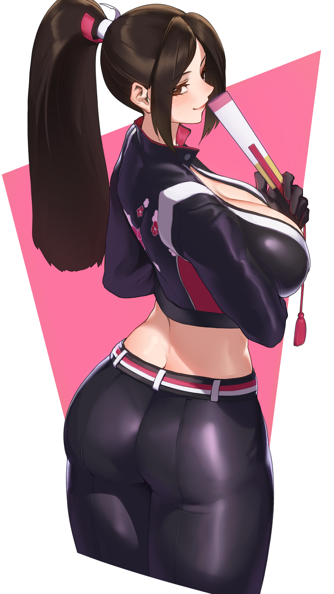 1girls, ass, big breasts, biker clothes, black gloves, black jacket, black pants, breasts, brown eyes, brown hair, cleavage, commentary request, cropped jacket, fatal fury, fatal fury: city of the wolves, female, female focus, female only, from behind, gloves, hand fan, high ponytail, highres, holding, holding fan, human, human female, human only, jacket, king of fighters, light skin, light-skinned female, long hair, long sleeves, looking at viewer, looking back, mai shiranui, mai shiranui (city of the wolves), midriff, monoi daru, official alternate costume, pants, parted bangs, ponytail, seductive gaze, seductive smile, sideboob, skin tight, smile, snk, solo, solo female, sukai 222, twitter link