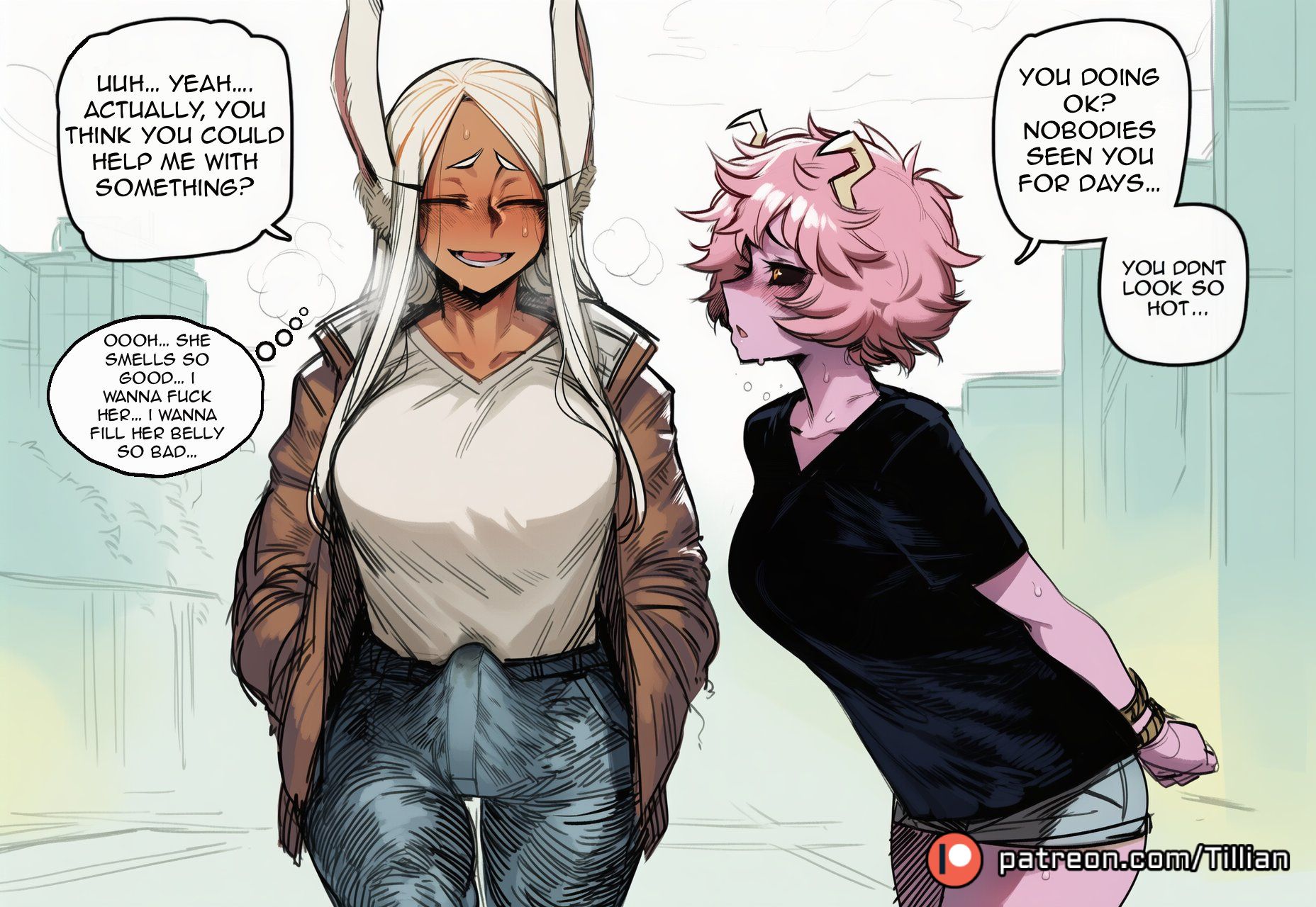 2girls, ai generated, animal ears, arms behind back, ashido mina, black sclera, black shirt, blush, boku no hero academia, bound, breasts, brown jacket, bulge, closed eyes, collarbone, colored sclera, colored skin, dark skin, dark-skinned female, denim, english text, erection, erection under clothes, futanari, hands in pockets, horns, horny, horny female, in heat, jacket, jeans, large breasts, long hair, mina ashido, mirko, multiple girls, my hero academia, open mouth, outdoors, pants, pink hair, pink skin, rabbit ears, rabbit girl, rumi usagiyama, shirt, short hair, short sleeves, shorts, smile, speech bubble, sweat, t-shirt, thought bubble, tillian, usagiyama rumi, white hair, white shirt, yellow eyes