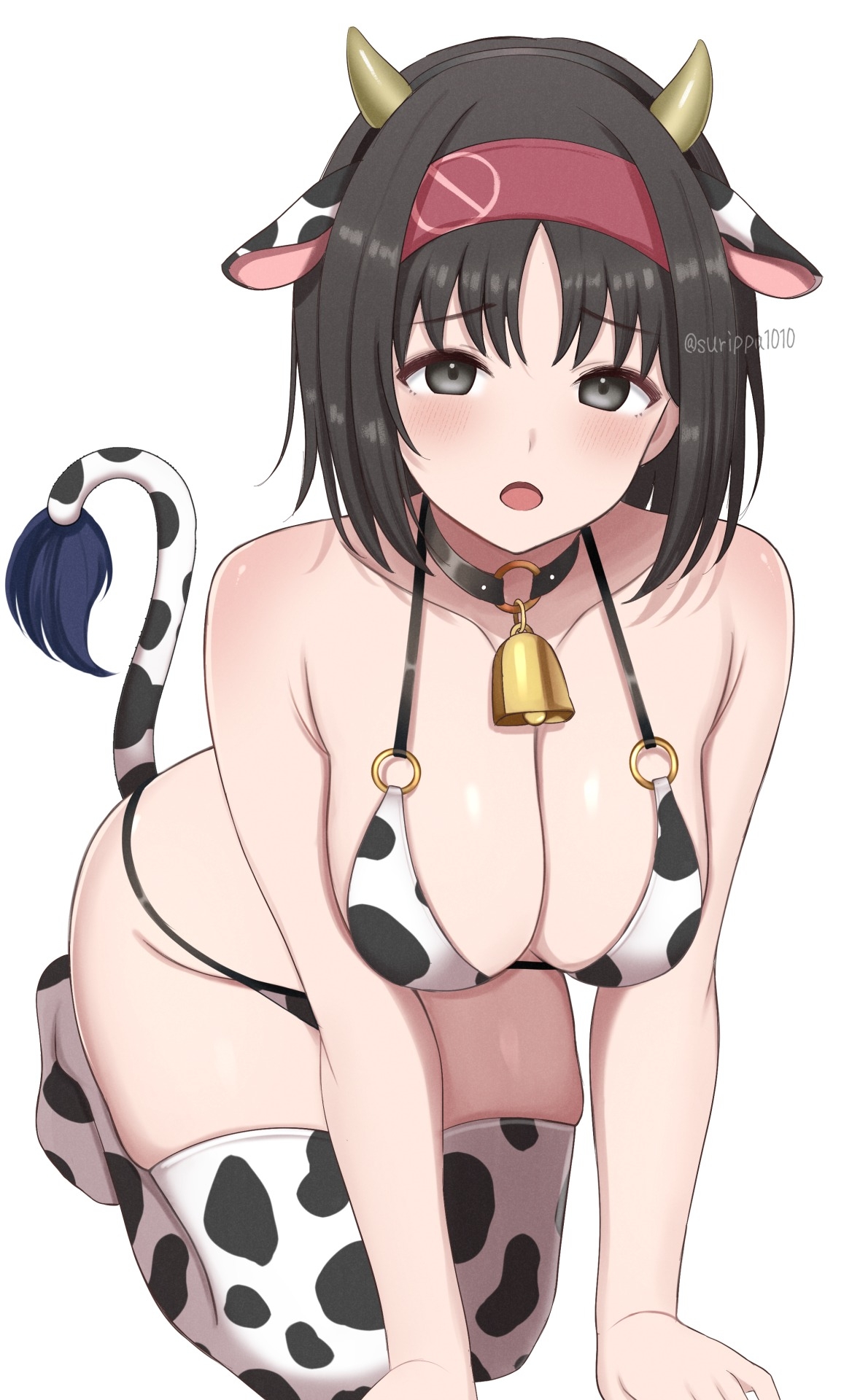 1girls, all fours, animal ears, animal print, armpit crease, artist name, bare shoulders, bell, bikini, black bikini, black choker, black hair, black hairband, black thighhighs, blush, breasts, choker, cleavage, collarbone, commentary request, cow ears, cow horns, cow print, cow print bikini, cow print thighhighs, cow tail, cowbell, erika (pokemon), fake animal ears, fake horns, female, female only, grey eyes, hairband, highres, horns, large breasts, looking at viewer, medium hair, multicolored bikini, neck bell, nintendo, o-ring, o-ring bikini, o-ring choker, open mouth, pokemon, pokemon frlg, print bikini, print thighhighs, raised eyebrows, red hairband, short hair, simple background, solo, surippa1010, swimsuit, tail, thighhighs, twitter username, two-tone bikini, two-tone thighhighs, white background, white bikini, white thighhighs