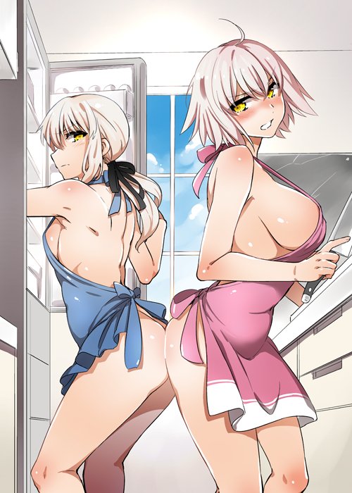 2girls apron artoria_pendragon_(alter) ass blue_apron blush breasts fate/grand_order fate_(series) female_only ichitaka jeanne_alter kitchen kitchen_knife knife large_breasts multiple_girls naked_apron pink_apron side_glance sideboob small_breasts stern_expression white_hair yellow_eyes