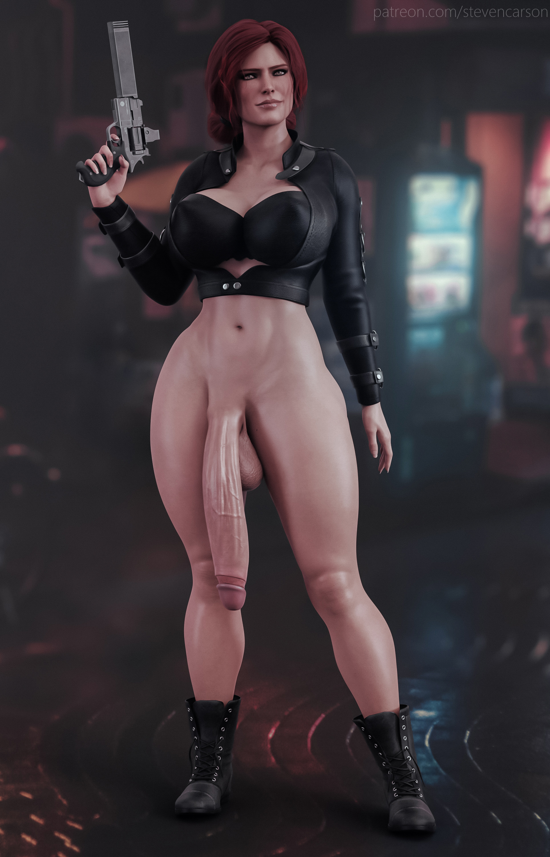 1futa, 3d, balls, blush, boots, bottomless, bra, breasts, casual, cd projekt red, cleavage, curvy, erect nipples, erect nipples under clothes, firearm, flaccid, footwear, futa only, futanari, grey eyes, gun, half-erect, handgun, huge breasts, huge cock, human, hyper, hyper penis, intersex, large balls, long penis, looking at viewer, makeup, nipple bulge, nipples, pale skin, penis, penis to the knees, realistic, red eyebrows, red hair, revolver, solo, solo futa, stevencarson, testicles, the witcher, the witcher (series), the witcher 2, the witcher 3: wild hunt, thick penis, thick thighs, thighs, toned, triss merigold, veiny penis, weapon, wide hips