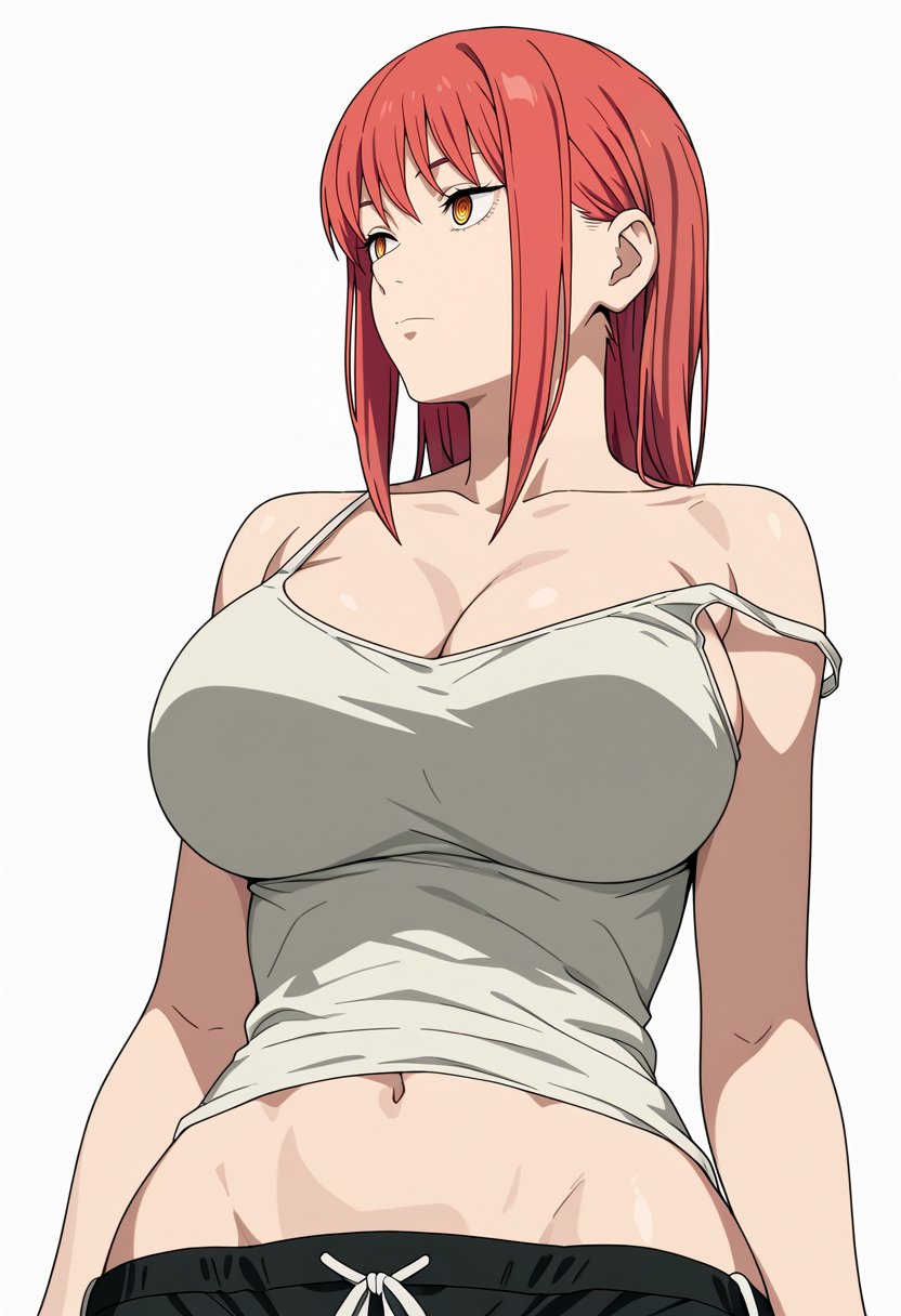 ai generated, breasts, busty, busty female, chainsaw man, cleavage, dolphin shorts, female, large breasts, makima (chainsaw man), no background, red hair, ringed eyes, short shorts, sidelocks, sports shorts, tank top, thick thighs, white background, yellow eyes