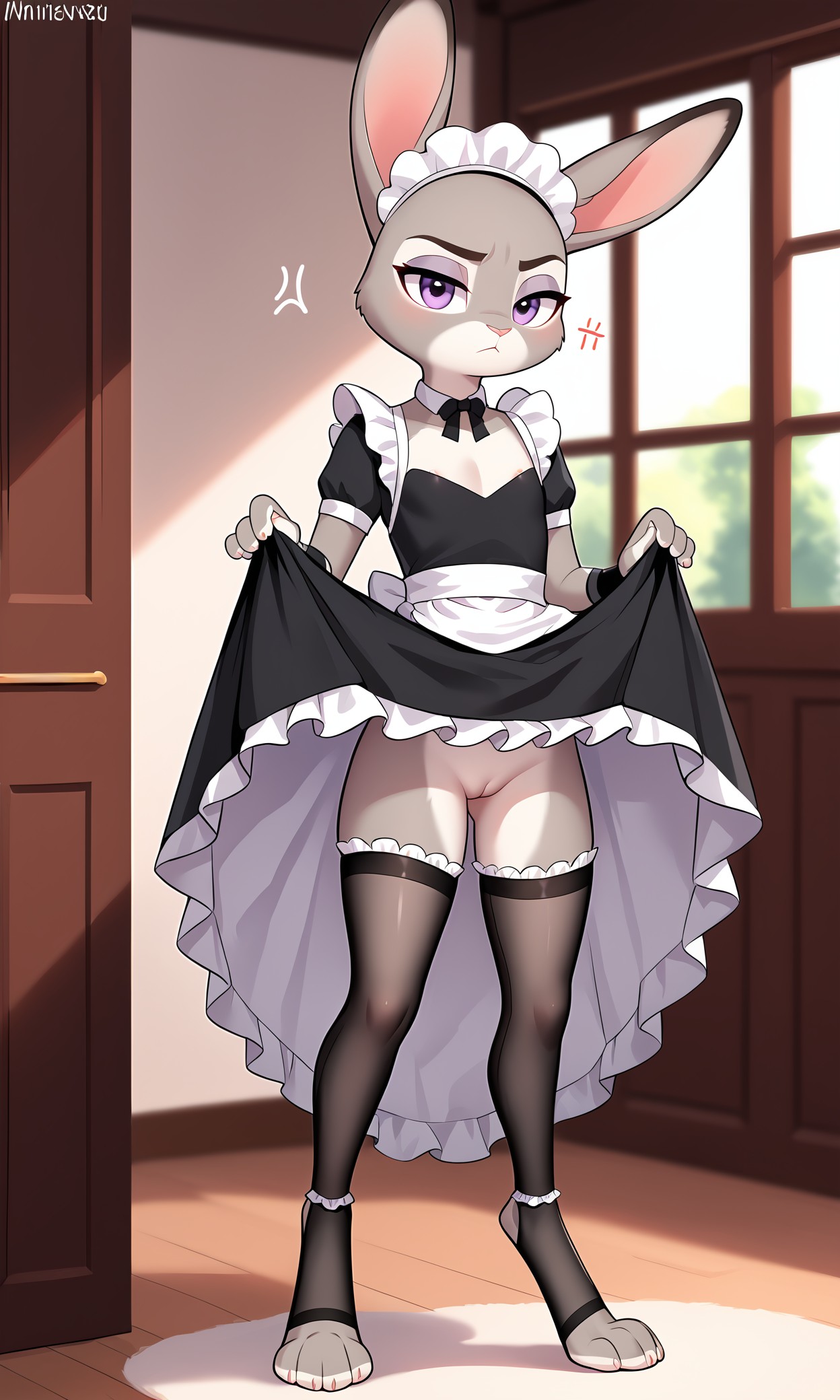 1girls, 2025, ai generated, annoyed, anthro, areola slip, blushing, digitigrade, disney, dress lift, female, female only, flat chest, grey fur, hi res, indoors, innie pussy, judy hopps, maid uniform, no panties, purple eyes, pussy, rabbit, thigh socks, white fur, zonoya (artist), zootopia