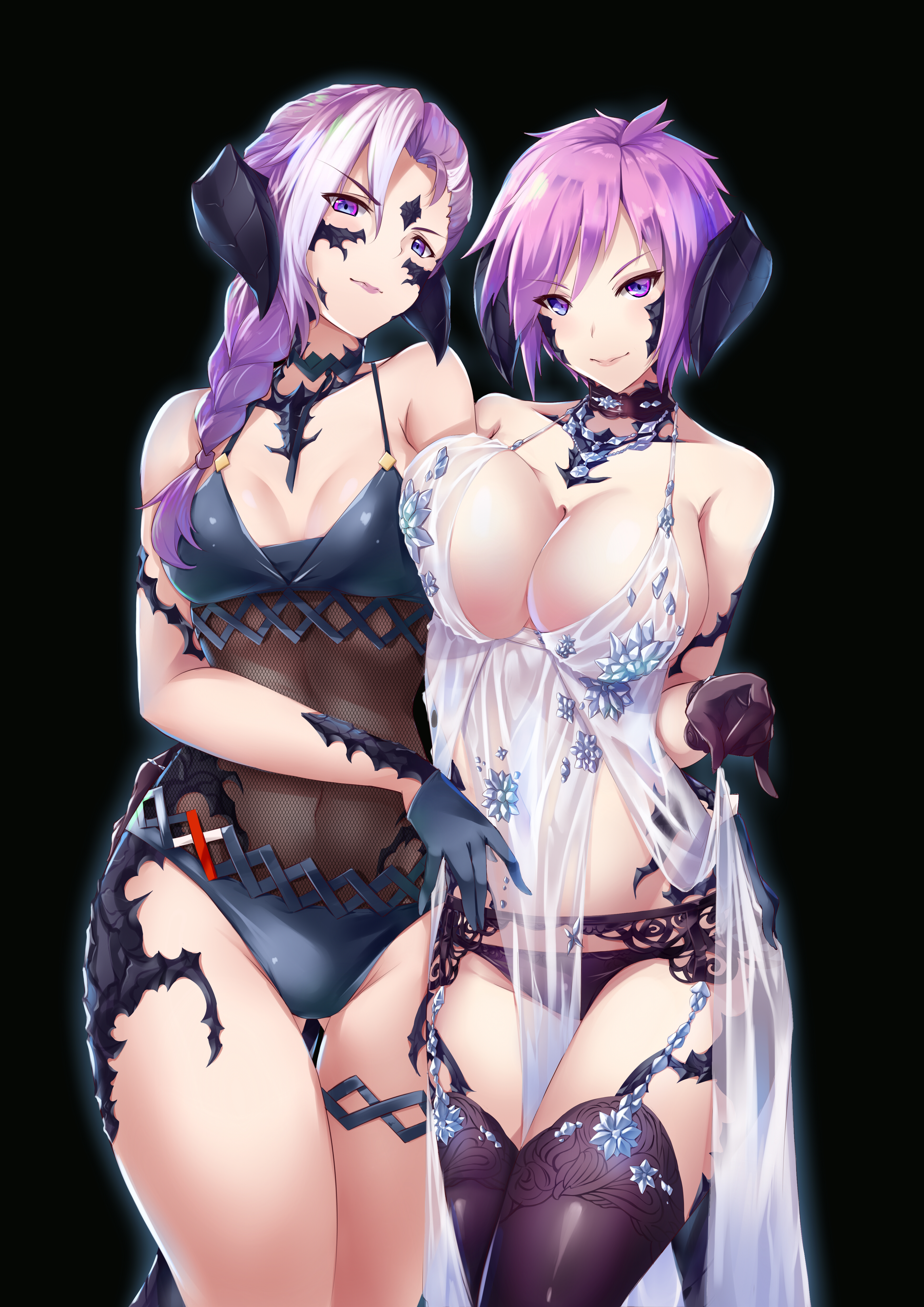 2girls, au ra, blue eyes, breast squeeze, breasts, female, final fantasy, final fantasy xiv, fishnets, gainoob, gloves, large breasts, leggings, lingerie, multiple females, multiple girls, pink eyes, pink hair, royal icing, scales, sin faye, white hair, xaela