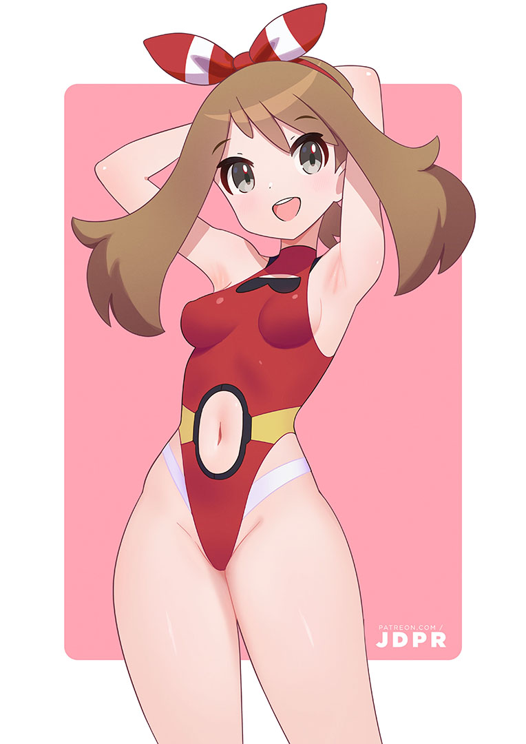 armpits, arms up, bare arms, bare legs, bare thighs, belly button, black eyes, blush, breasts, brown hair, female, hair ribbon, highleg one-piece swimsuit, jdpr, may (pokemon oras), may (pokemon), medium hair, navel, one-piece swimsuit, open mouth, pokemon, pokemon oras, red bikini, red one-piece swimsuit, sideboob, small breasts, smile, smiling at viewer, smiling female, swimsuit, thighs