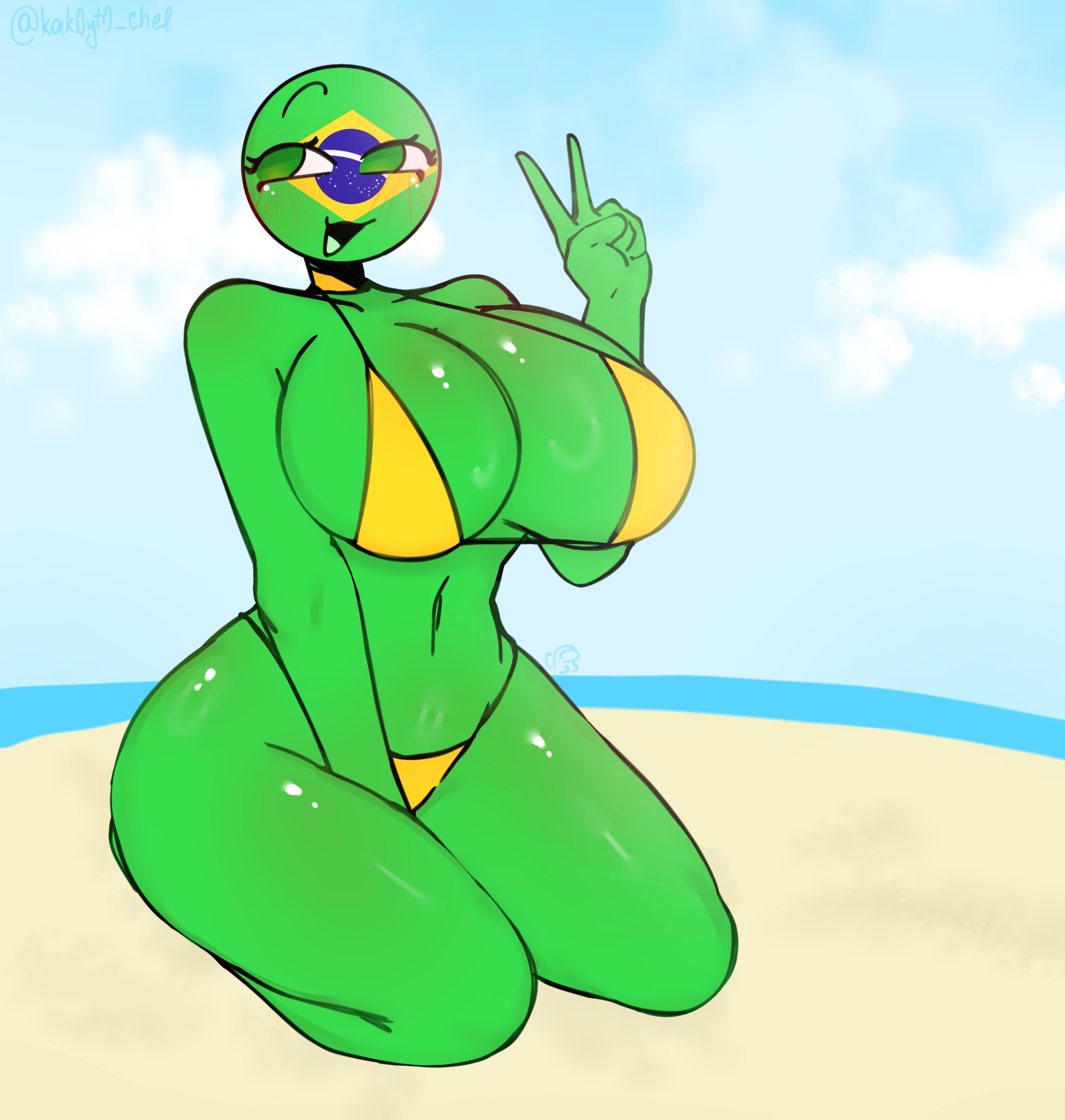 among us reference, ass, beach, big ass, big breasts, big butt, big thighs, brazil (countryhumans), breasts, countryhumans, countryhumans girl, female, female focus, female only, green eyes, green skin, kak0yt0 chel, yellow bikini