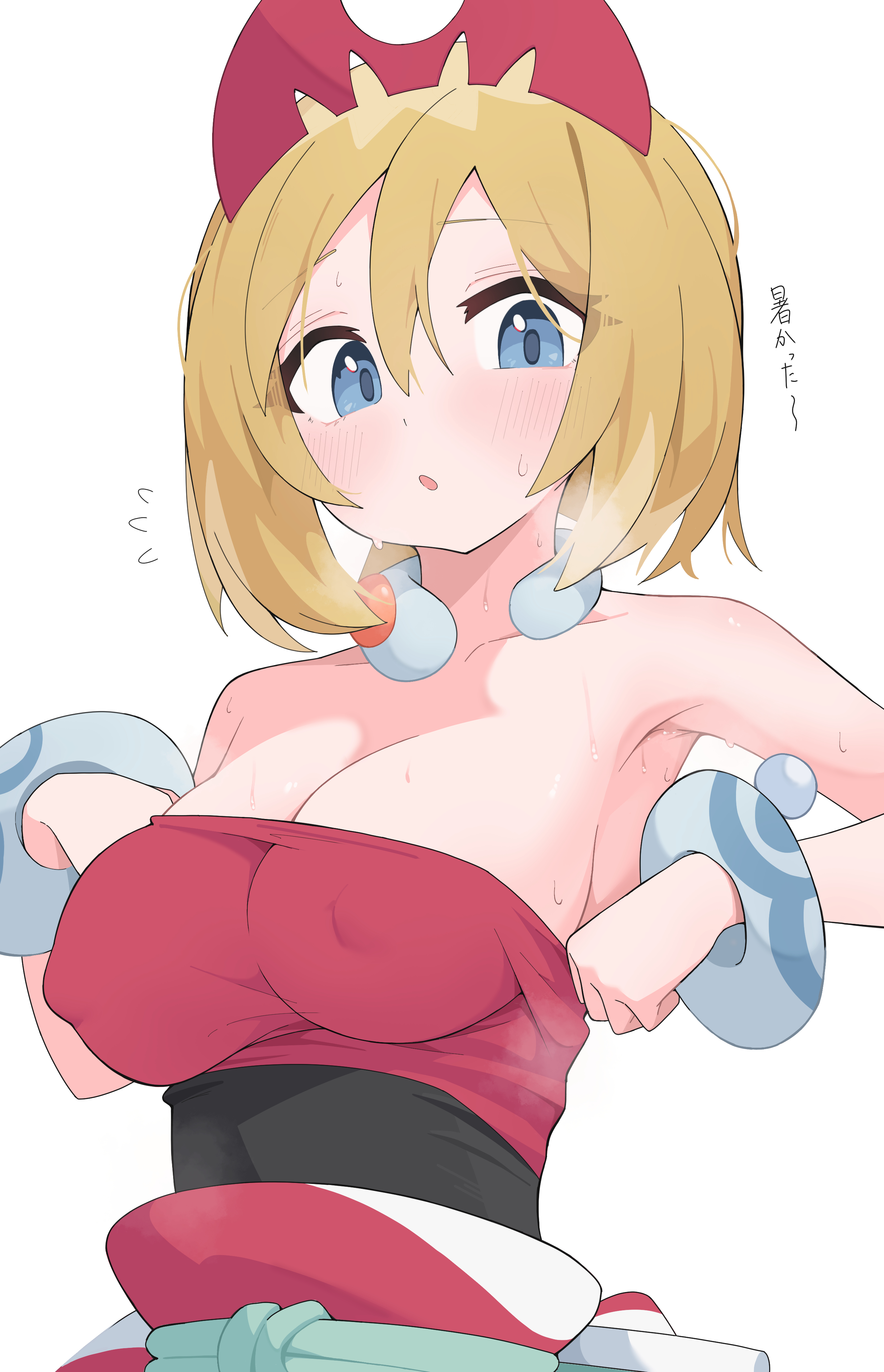 1girls, absurdres, armpits, bare shoulders, blonde hair, blue eyes, breasts, cleavage, commentary request, covered erect nipples, female, female only, flying sweatdrops, hairband, highres, irida (pokemon), jewelry, large breasts, looking at viewer, neck ring, nintendo, open mouth, pokemon, red hairband, red shirt, shirt, short hair, solo, steaming body, strapless, strapless shirt, sweat, translation request, upper body, white background, yuuko (oruta)