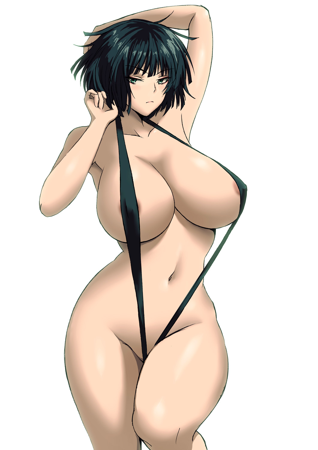 1girls, akihoyy, areola slip, areolae, arms up, bare shoulders, big breasts, black hair, breasts, collarbone, female, fubuki (one-punch man), green eyes, navel, one-punch man, revealing clothes, simple background, skimpy, sling bikini, solo female, swimsuit, tagme, thighs, white background