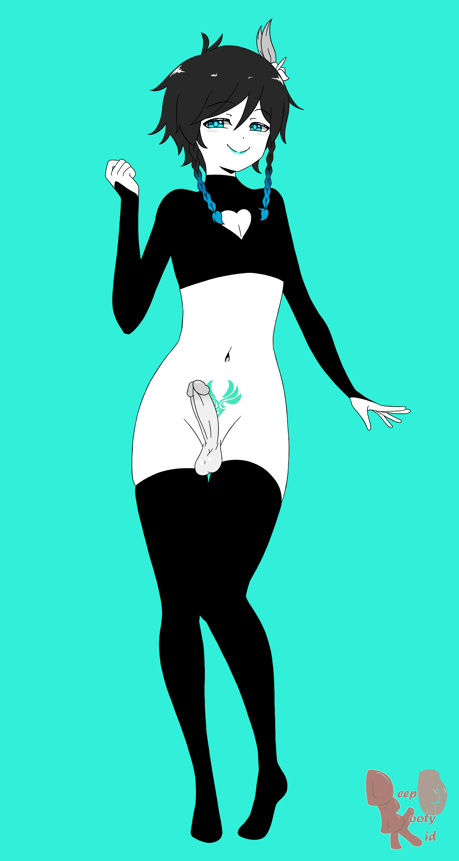 balls, blue lipstick, bottomless, crop top, deepbootykid, femboy, flower in hair, gay, genshin impact, heart cutout, male, male only, penis, pubic tattoo, smiling, solo femboy, solo male, thighhighs, twin braids, venti (genshin impact)