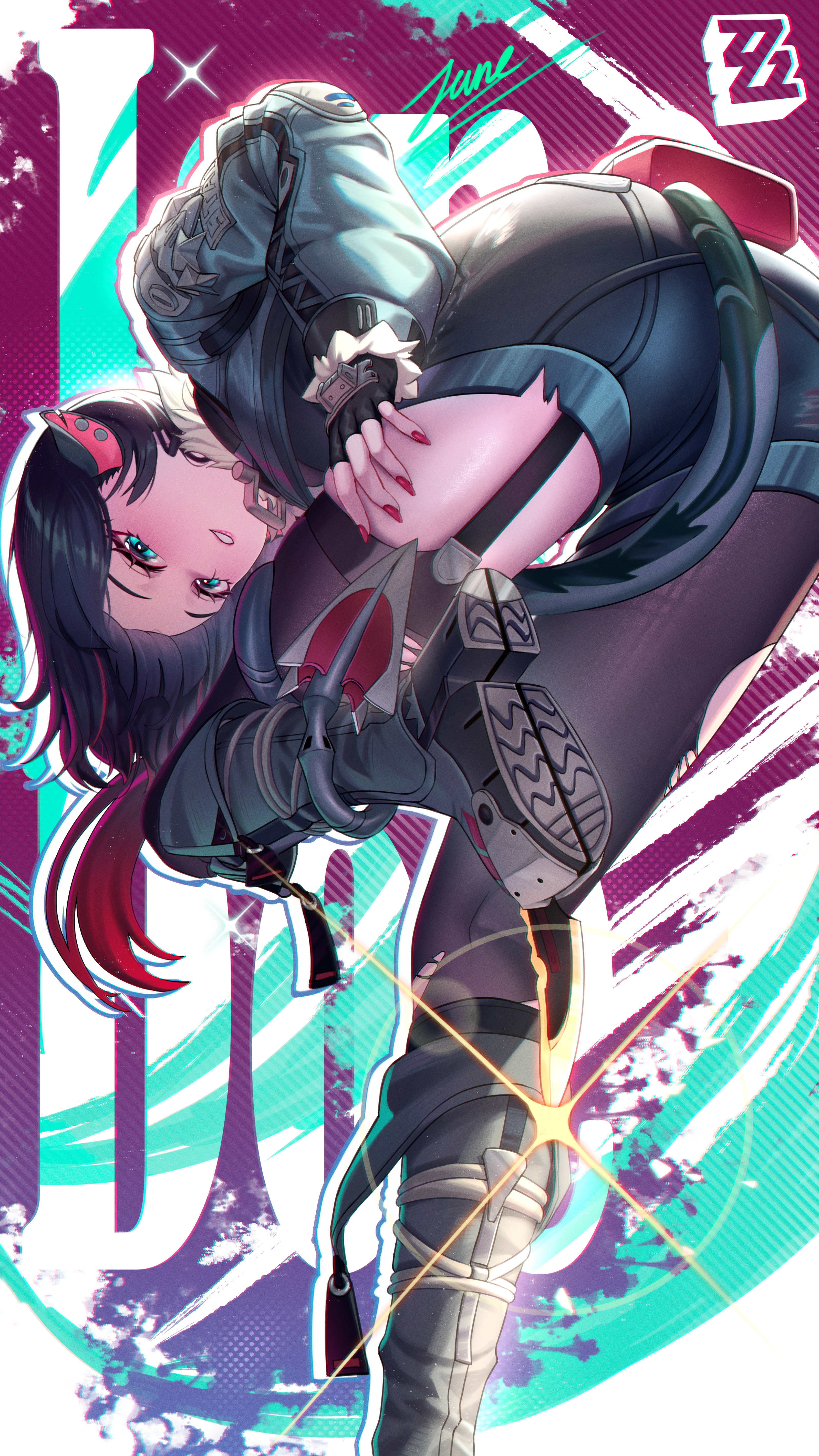 1girls, abstract background, absurdres, animal ears, ass, asymmetrical legwear, black boots, black garter straps, black gloves, black hair, black pantyhose, black shorts, blue eyes, boots, character signature, commentary, cruzvu, english commentary, female, female only, fingerless gloves, from behind, fur trim, fur-trimmed jacket, garter straps, gloves, green jacket, hand on own thigh, highres, jacket, jane doe (zenless zone zero), long hair, mouse ears, mouse girl, multicolored hair, nail polish, pantyhose, pantyhose under shorts, parted lips, red hair, red nails, shorts, sidelocks, single leg pantyhose, single thighhigh, solo, standing, standing on one leg, streaked hair, tail, thighhighs, torn clothes, torn pantyhose, torn thighhighs, two-tone hair, zenless zone zero