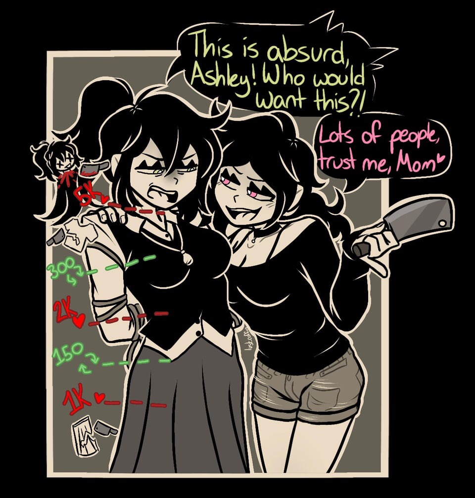 2girls, ashley graves, assisted exposure, female, forced exposure, knife, lust coffin, mother, mother and child, mother and daughter, nonconsensual, renee graves, retweet challenge, the coffin of andy and leyley, yuri