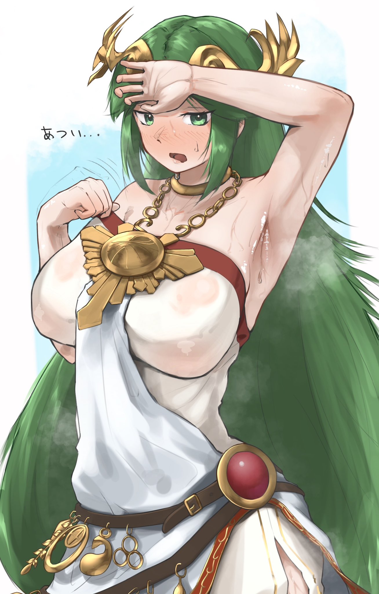 1girls, ancient greek clothes, arm over head, arm up, armpits, bare arms, bare shoulders, blue background, blush, border, breasts, chiton, circlet, clothes lift, collarbone, dress, female, female only, greco-roman clothes, green eyes, green hair, highres, jewelry, kid icarus, kid icarus uprising, large breasts, laurel crown, long hair, monoi daru, neck ring, nintendo, palutena, parted bangs, pendant, raised eyebrows, side slit, solo, steaming body, strapless, strapless dress, sweat, translation request, very long hair, white border, white dress