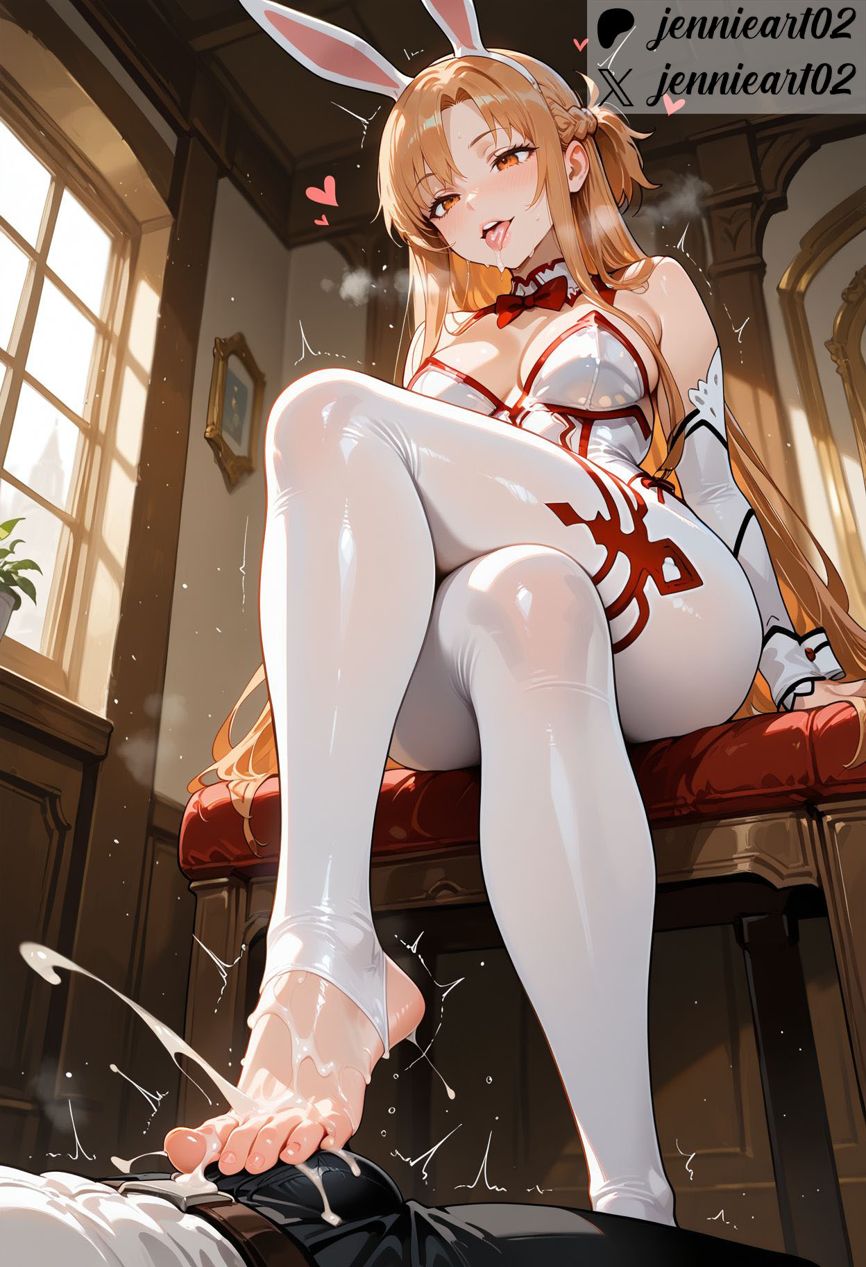 1boy, ai generated, animal ears, ashikoki, balls, bangs, bare shoulders, barefoot, blush, bow, bowtie, braid, breasts, brown eyes, brown hair, bunnysuit, clothed female, clothed female nude male, clothing, crossed legs, cum, cum on body, cum on feet, curtains, detached collar, detached sleeves, dress, ejaculation, erection, eyebrows, fake animal ears, feet, female, foot fetish, foot focus, footjob, genital fluids, hair ornament, heart, indoors, jennieart02, large breasts, legs, legwear, leotard, light skin, light-skinned female, long hair, male, medium breasts, nipples, no shoes, nude, nude male, open mouth, orange eyes, pantyhose, patreon, patreon logo, patreon username, penis, playboy bunny, ponytail, rabbit ears, red bow, red bowtie, ribbon, saliva, semen, sex, short ponytail, sidelocks, sitting, smile, soles, solo focus, spread legs, stirrup legwear, straight, strapless leotard, sweat, sword art online, teeth, testicles, thighs, toeless legwear, toenails, toes, tongue, tongue out, trembling, twitter, twitter username, very long hair, watermark, white hairband, white legwear, white leotard, white pantyhose, window, yuuki asuna