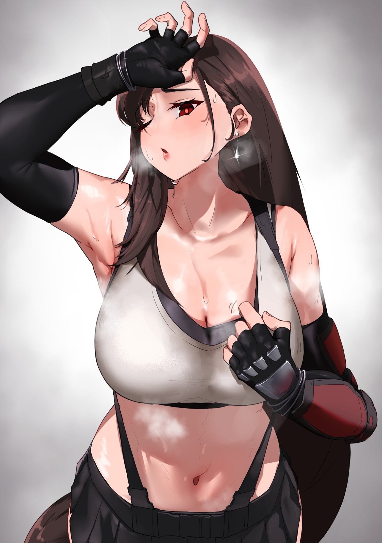 1girls, armpits, belted skirt, black hair, black miniskirt, black skirt, blush, breasts, breath, cleavage, clothes pull, collarbone, commentary request, crop top, earrings, elbow gloves, elbow pads, exhausted, female, female only, final fantasy, final fantasy vii, fingerless gloves, from above, gloves, highres, hot, jewelry, large breasts, long hair, low-tied long hair, midriff, miniskirt, monoi daru, navel, one eye closed, red eyes, shirt pull, single arm guard, single earring, single elbow pad, skirt, solo, sports bra, steaming body, suspender skirt, suspenders, sweat, tifa lockhart, very sweaty