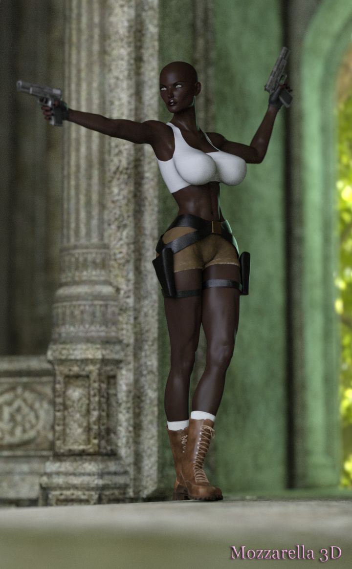 3d abs armpits arms_out athletic bald bare_midriff big_breasts boots brown_skin clothed dark-skinned_female dark_skin female gun half-dressed mozzarella3d slim sorceress viola_(mozzarella3d)