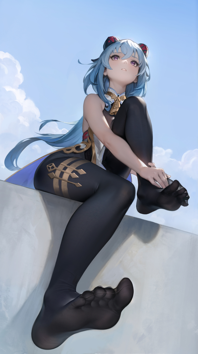 ahoge, bare arms, bare shoulders, bell, black pantyhose, blue hair, blue sky, bodystocking, cloud, cowbell, day, egyptian toe, feet, female, foot focus, foreshortening, from below, full body, goat horns, hands on feet, hle, horns, knee up, legs, long hair, looking at viewer, neck bell, no gloves, no shoes, outdoors, pantyhose, purple eyes, sitting, sky, sleeveless, soles, solo, toes