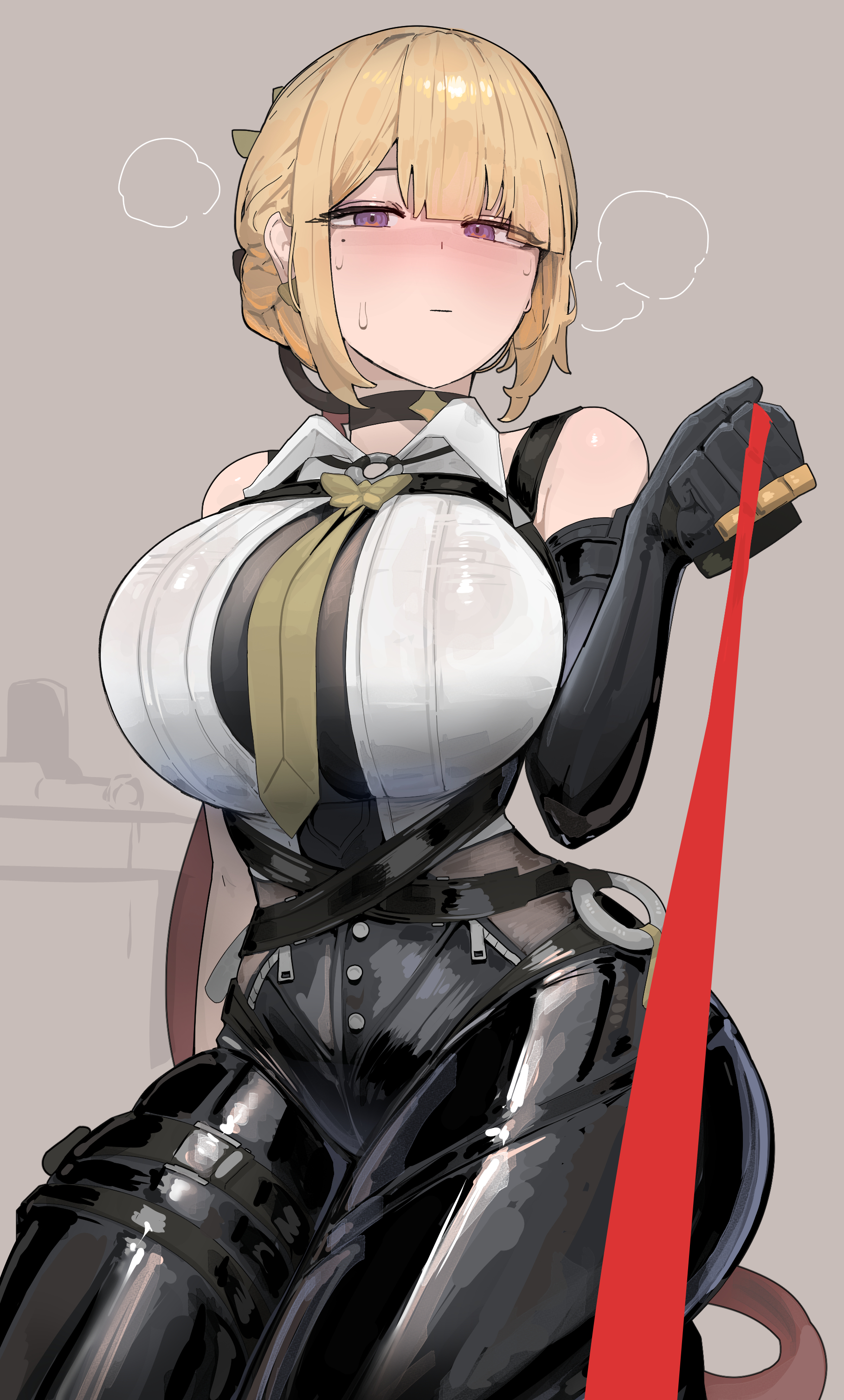 1girls, absurdres, alternate breast size, azz0422, black gloves, black pants, blonde hair, breasts, evelyn chevalier, female, female only, gloves, high-waist pants, highres, jewelry, large breasts, looking at viewer, necktie, pants, purple eyes, shirt, sleeveless, solo, tight clothes, tight pants, white shirt, yellow necktie, zenless zone zero