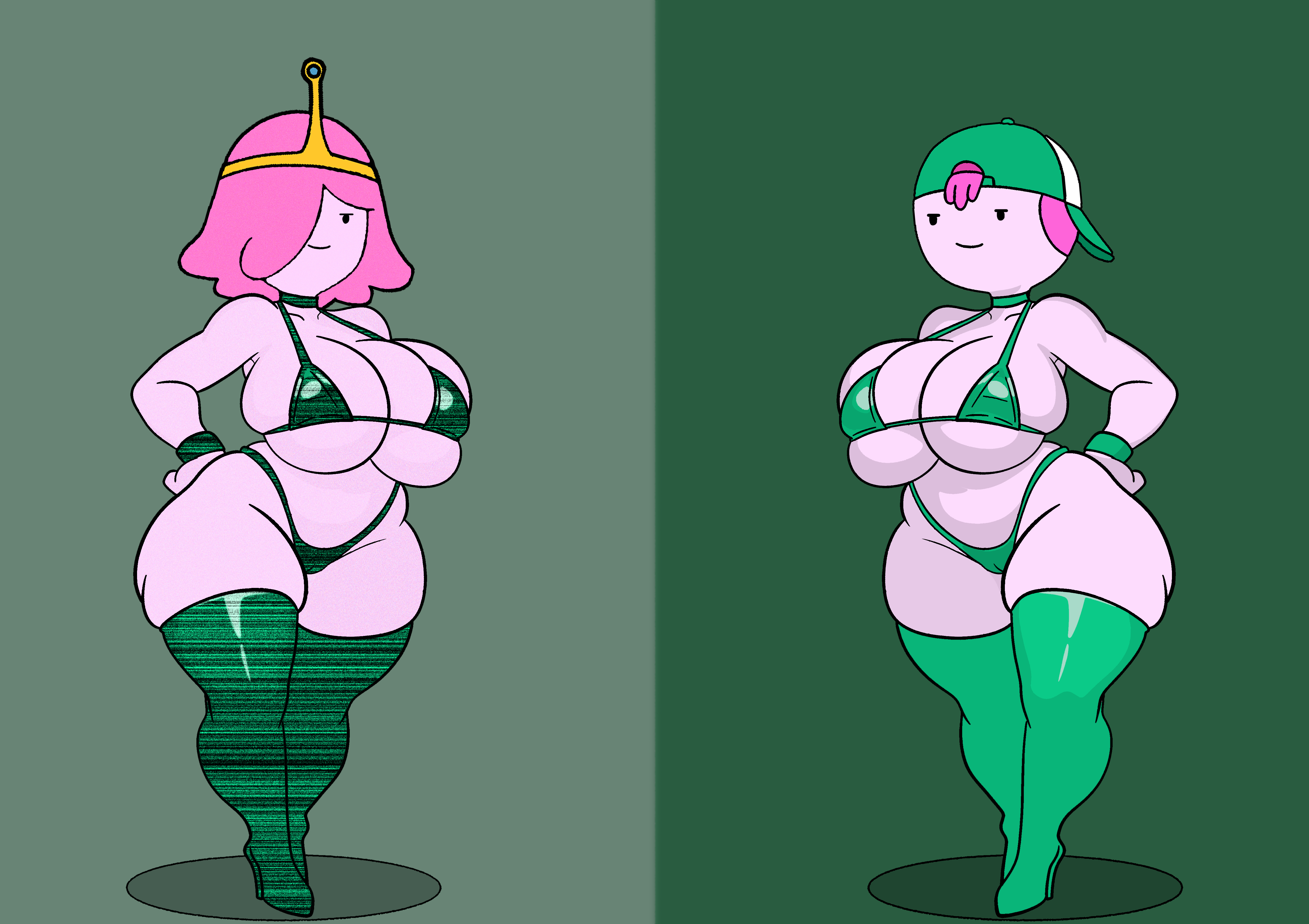 2girls, adventure time, alternate costume, backwards baseball cap, backwards hat, bare shoulders, baseball cap, bikini, breasts, choker, cleavage, collarbone, colored skin, crown, curvy, edit, female, full body, furry funnychan, green background, green bikini, green footwear, green headwear, hair over one eye, hands on hips, hands on own hips, hat, highleg, highleg bikini, huge breasts, large breasts, looking at viewer, multiple females, multiple girls, navel, official alternate costume, pink hair, pink skin, plump, princess bubblegum, princess bubblegum (wizard city), short hair, simple background, skindentation, smile, standing, swimsuit, thighhighs, thighs, underboob, wide hips, wristband