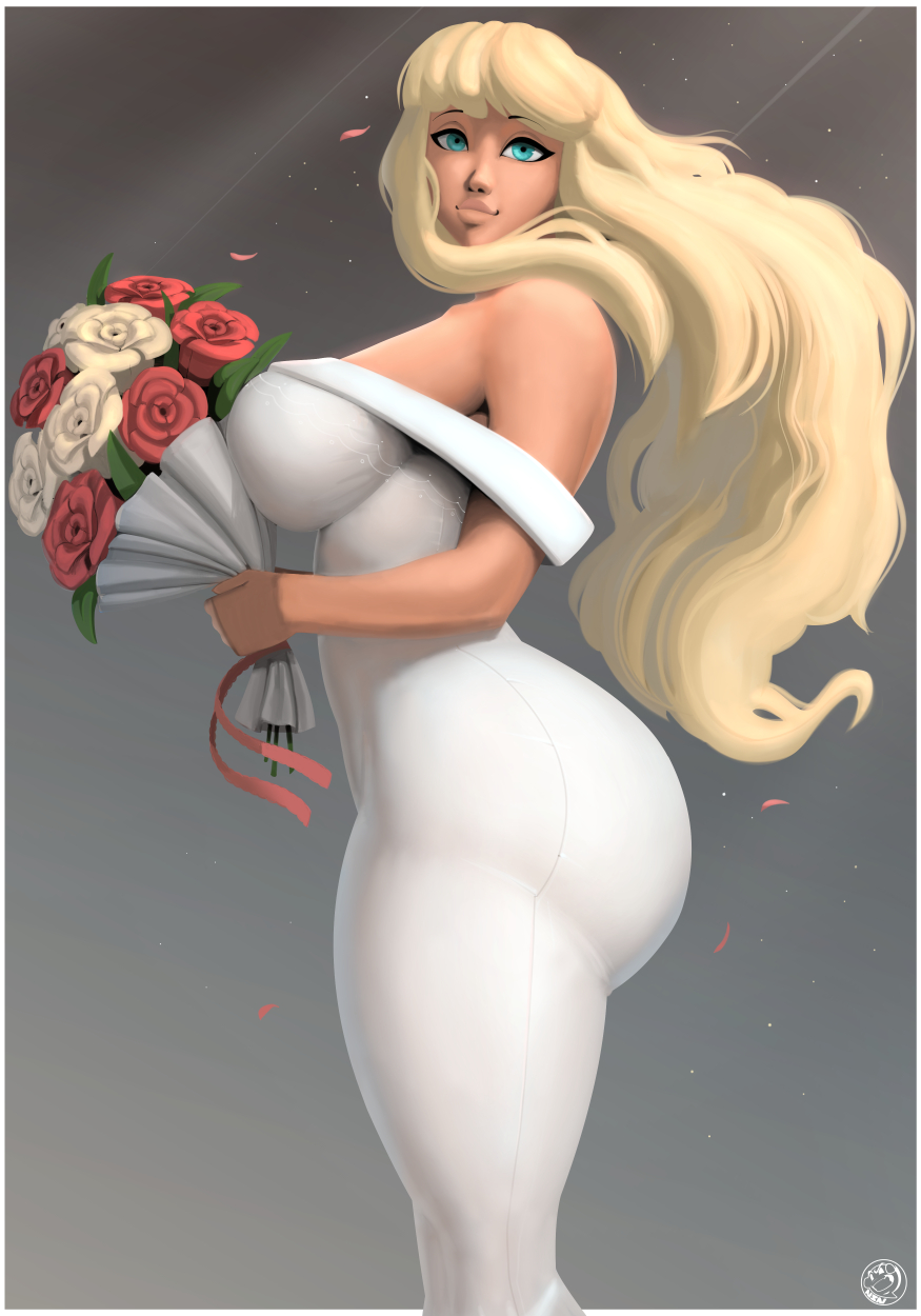 1girls, ass, bare shoulders, big ass, big breasts, big lips, blonde female, blonde hair, blue eyes, blue-eyed female, bouquet, breasts, bridal bouquet, bride, collarbone, commission, female, female only, flower petals, flowers, flowing hair, green leaves, grey background, hair blowing, large breasts, long-haired female, looking at viewer, mary (star wars (marvel 1977)), neozoa, no underwear, nz naughty, red flowers, side profile, smiling at viewer, star wars, star wars (marvel 1977), star wars legends, watermark, wedding, wedding bouquet, wedding dress, white flowers