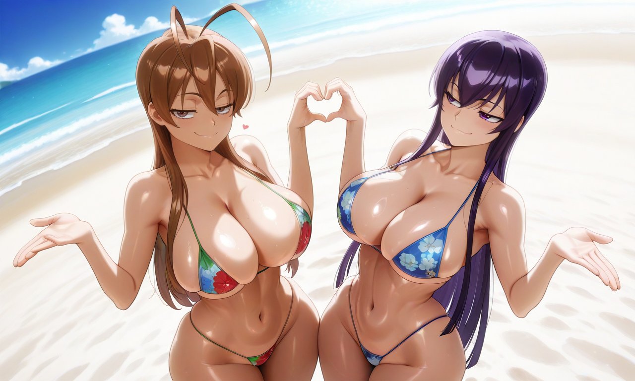2girls, ai generated, ass, ass bigger than head, beach, big breasts, bikini, black hair, breasts, breasts bigger than head, brown, daidouji (artist), daidoujipv, female, heart symbol, highschool of the dead, long hair, no penetration, no sex, rei miyamoto, saeko busujima, sand, simple background, smiley face, smiling at viewer, thick ass, thick thighs, voluptuous, voluptuous female