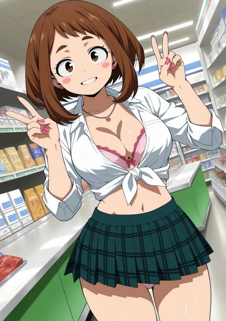 1girls, ai generated, bra, breasts, brown-haired female, female, minishirt, miniskirt, my hero academia, ochako uraraka, peace sign, smile, solo, store