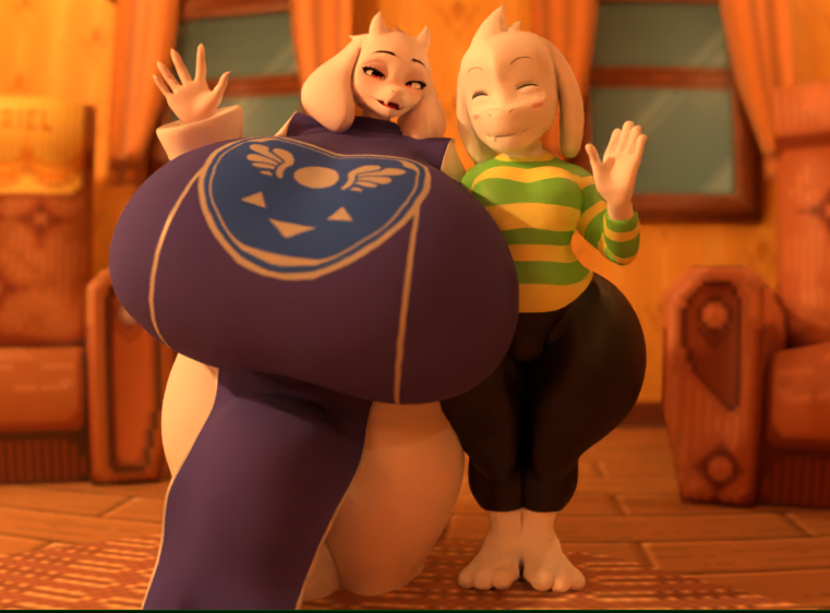 3d 3d_(artwork) age_difference asriel_dreemurr big_ass big_breasts blender_(software) closed_eyes clothed clothing fat_ass femboy front_view furniture futanari house huge_breasts hyper hyper_breasts intersex kneeling looking_at_viewer mother_and_child mother_and_son pants robe shirt size_difference smile standing t-bone589 thick_ass thick_thighs toriel undertale undertale_(series) waving wide_hips