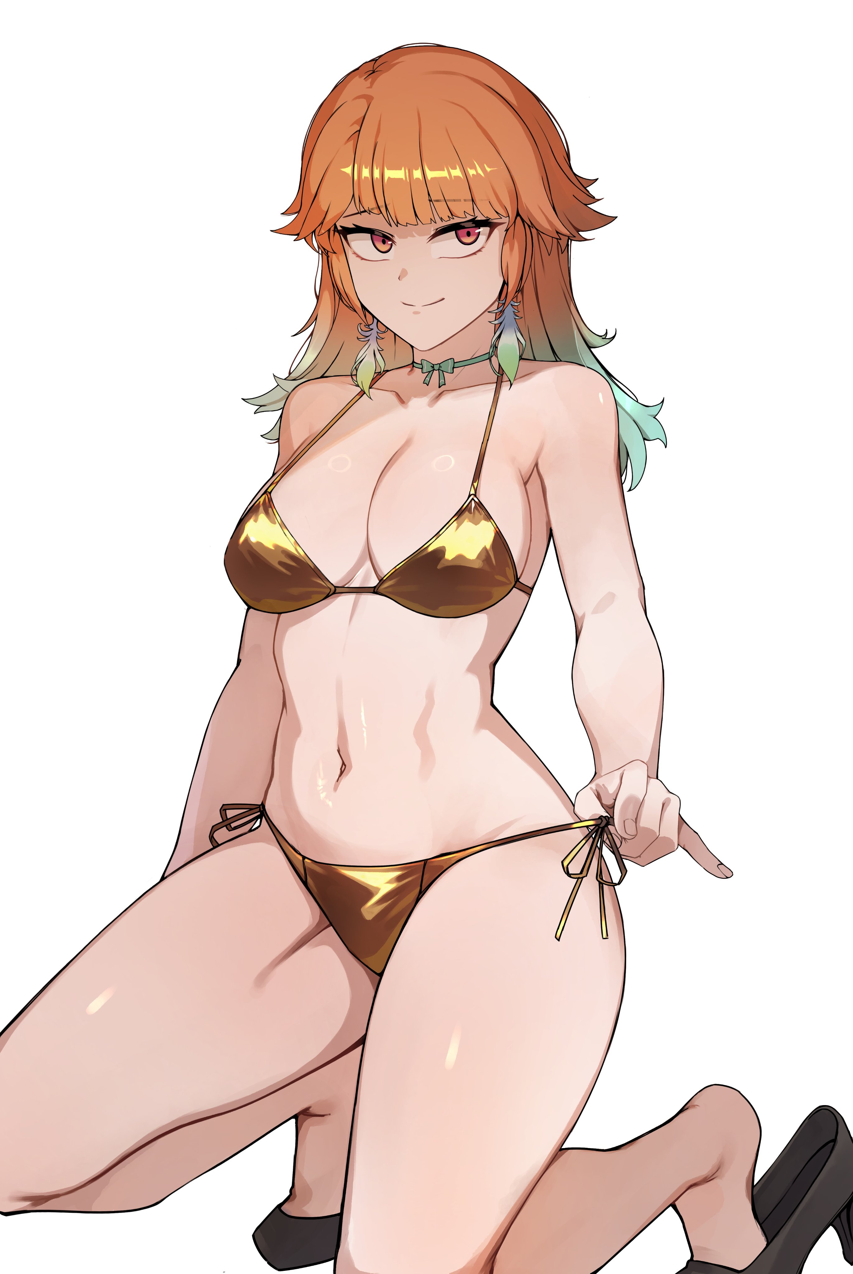 1girls, bikini, bow, choker, earrings, feathers, female, golden week, green hair, heels, hololive, hololive english, hololive myth, iver (reviolet), orange eyes, orange hair, short hair, solo, solo female, squatting, takanashi kiara, two-tone hair, virtual youtuber, yellow bikini