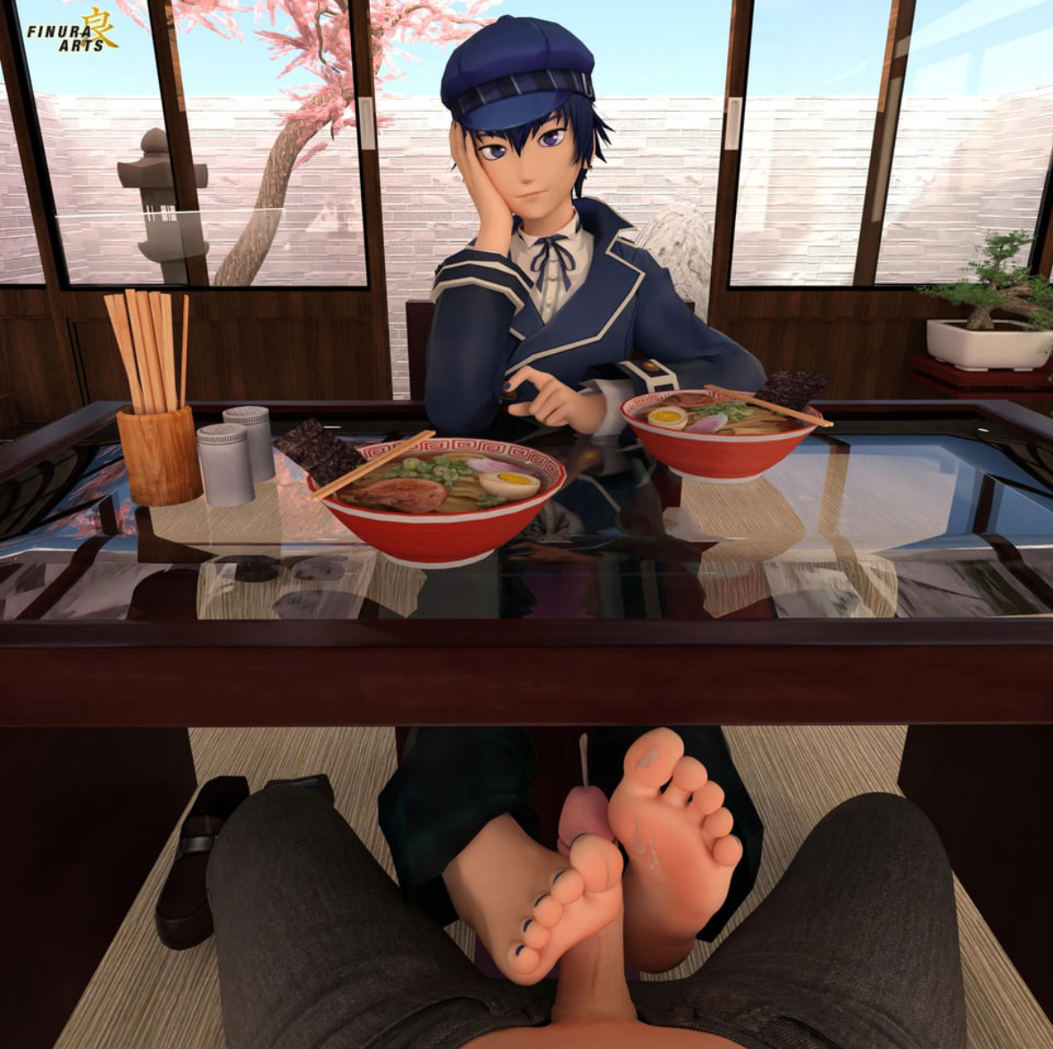 barefoot, blue toenails, cum on feet, feet, female, finura arts, foot fetish, footjob, male, persona, persona 4, shirogane naoto, under the table