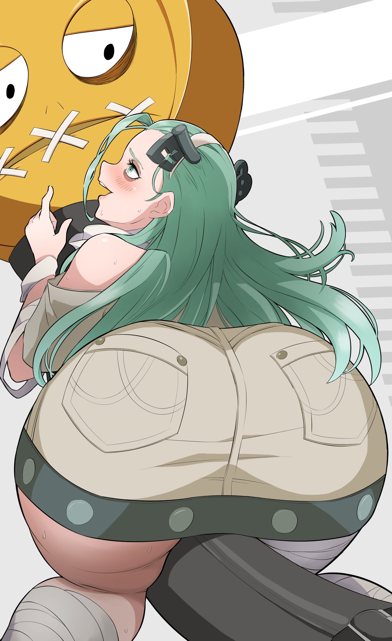 1girls, a.b.a, ass, ass focus, bandage, bandages, belt, big ass, eyebags, female, female focus, female only, fully clothed, gloves, green eyes, green hair, guilty gear, guilty gear strive, hairband, key, light skin, light-skinned female, neucia, paracelsus, shorts, tagme, thick thighs, thighs