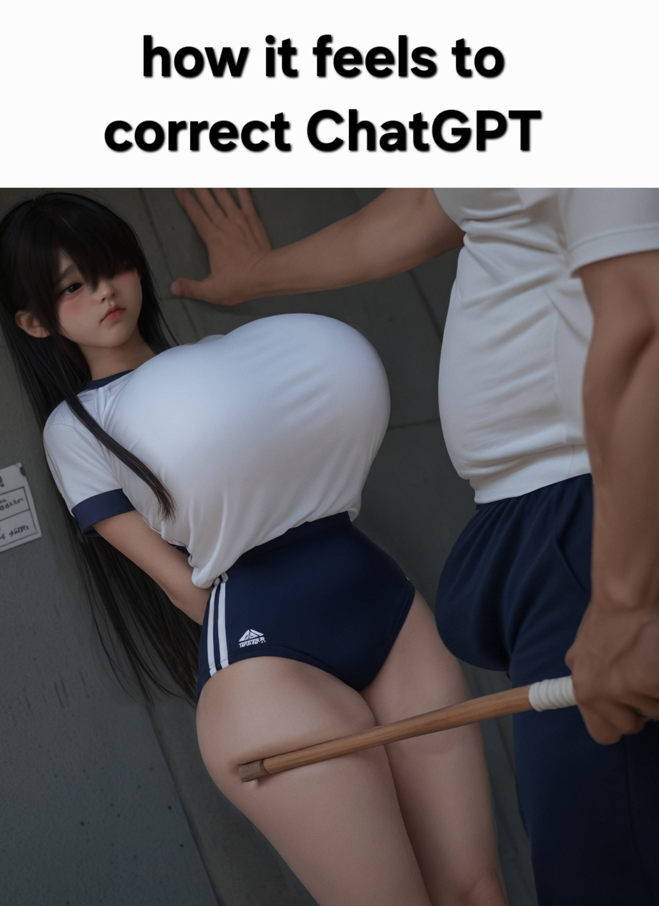 1boy, 1girls, ai generated, bangs, bangs over eyes, big breasts, black hair, bolt on tits, breast implants, breasts, breasts bigger than head, bulge, bulge through clothing, busty, caption, chuchubaa, clothed, clothed female, clothed male, clothing, cornered, cute, cute face, enhanced breasts, fake breasts, female, giant breasts, gigantic breasts, hands behind back, huge breasts, imminent rape, imminent sex, innocent, innocent expression, joke, long hair, male, meme, meme caption, mostly clothed, older male, older male and younger female, one eye covered, one eye obstructed, pinned to wall, school uniform, schoolgirl, shorts, shortstack, shy, silicone, silicone implants, sports shorts, sports uniform, sportswear, standing, stick, teacher, teacher and student, tucked shirt, younger female