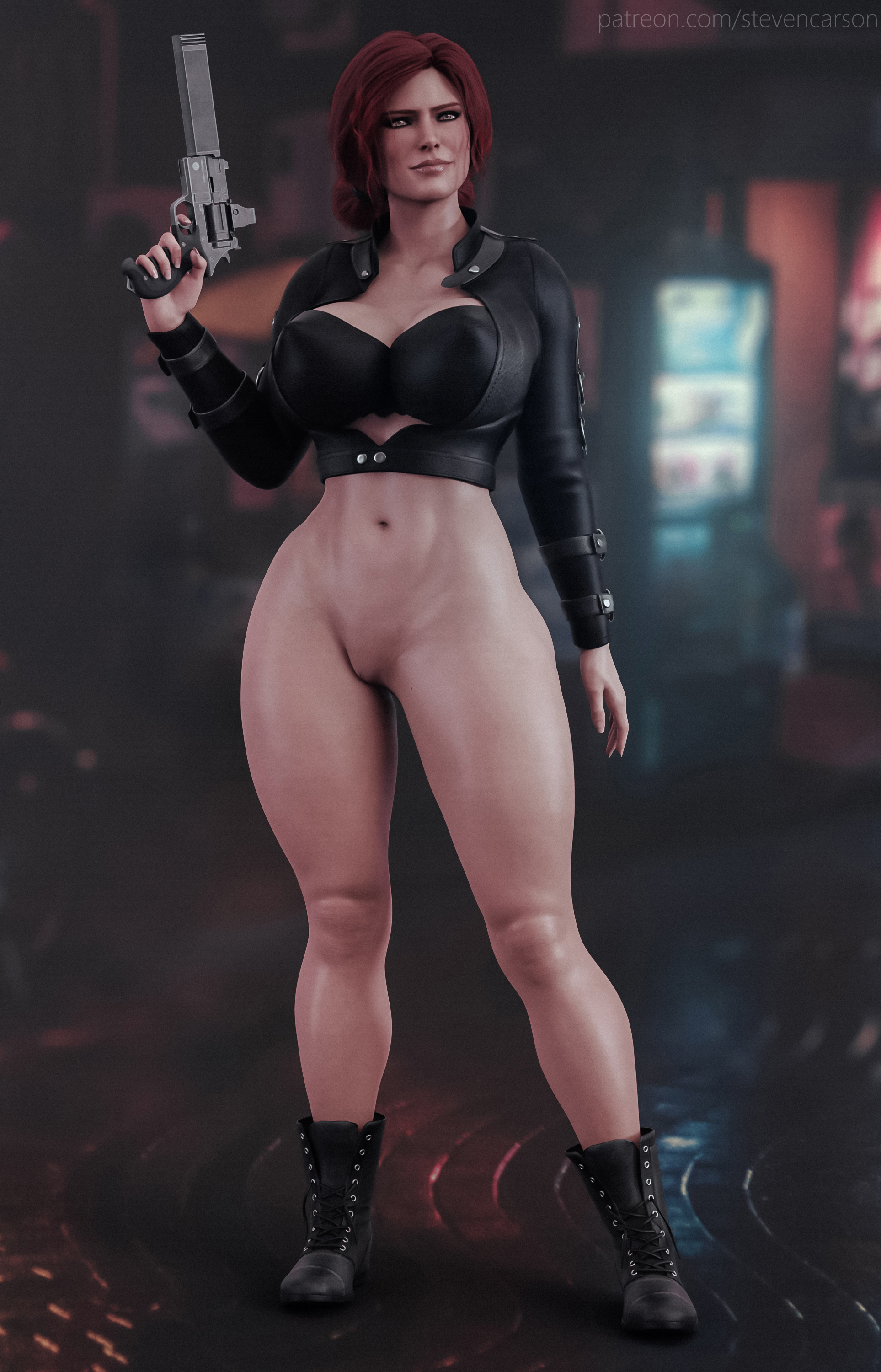 1girls, 3d, bottomless, breasts, casual, cd projekt red, female, female only, firearm, handgun, huge breasts, human, looking at viewer, pale skin, pussy, revolver, solo, stevencarson, the witcher, the witcher (series), the witcher 2, the witcher 3: wild hunt, thick thighs, thighs, triss merigold, weapon