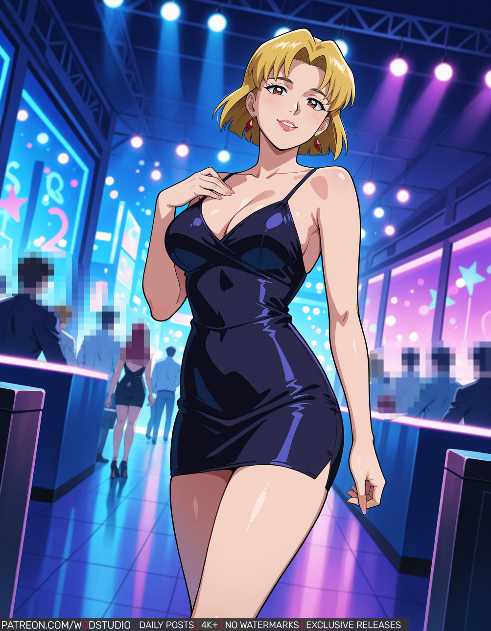 2girls, ai generated, akagi ritsuko, bangs, bare shoulders, black dress, blonde hair, blush, breasts, brown eyes, building, city, cityscape, clavicle, cleavage, clothing, covered navel, dress, earrings, female, footwear, hand on chest, hand on own chest, high resolution, indoors, jewelry, large breasts, lips, lipstick, looking at viewer, makeup, male, medium breasts, mole, multiple females, multiple girls, navel, necklace, neon genesis evangelion, night, outdoors, parted bangs, red lips, ritsuko akagi, road, shoes, short dress, short hair, sky, sleeveless, sleeveless dress, smile, solo focus, standing, street, text, thighs, tight, wodstudio