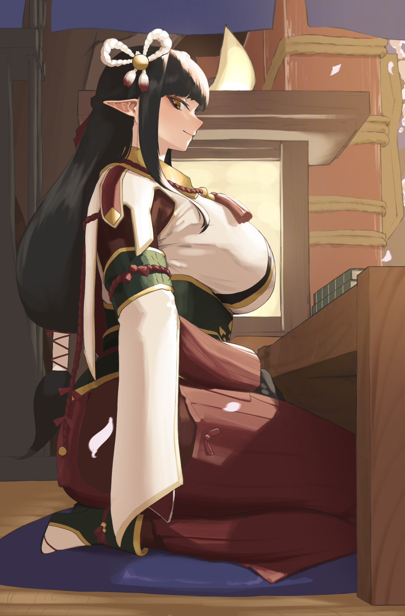 1girls, ass, big ass, big breasts, black hair, blunt bangs, book, breasts, cherry blossoms, closed mouth, female, female only, from side, gloves, hair ornament, hakama, hands on lap, highres, hime cut, indoors, japanese clothes, lantern, large breasts, long hair, looking at viewer, minoto, monoi daru, monster hunter (series), monster hunter rise, pillar, pointy ears, red hakama, robe, rope, seiza, sitting, smile, socks, solo, table, very long hair, white robe, wooden floor, yellow eyes