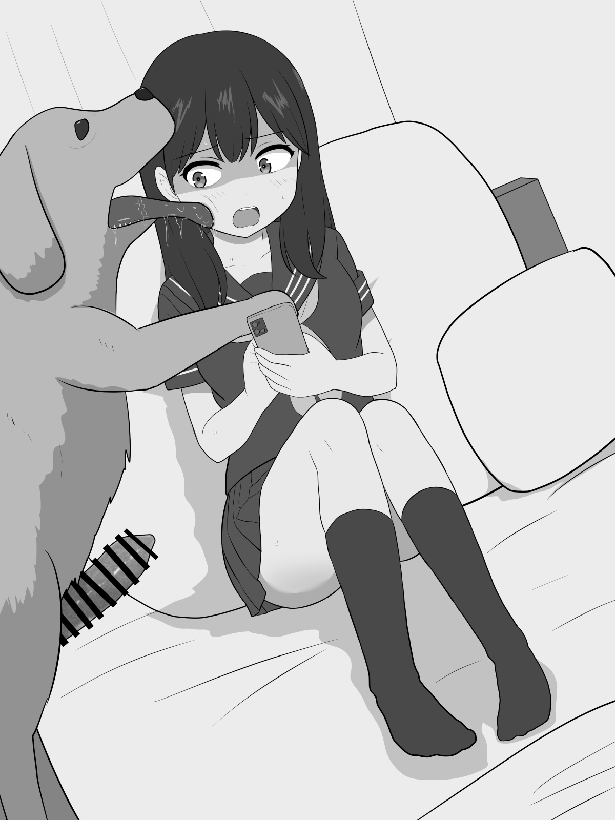 1boy, 1girls, aitsugu, animal ears, animal genitalia, animal penis, bar censor, bed, bedroom, canine, canine penis, cellphone, censored, domestic dog, erection, female, feral, holding, holding phone, imminent sex, interspecies, licking, long hair, looking at viewer, male, male/female, monochrome, on bed, open mouth, original, penis, phone, saliva, scared, school uniform, schoolgirl, surprised, tongue, tongue out, vein, veins, veiny, veiny penis, zoophilia