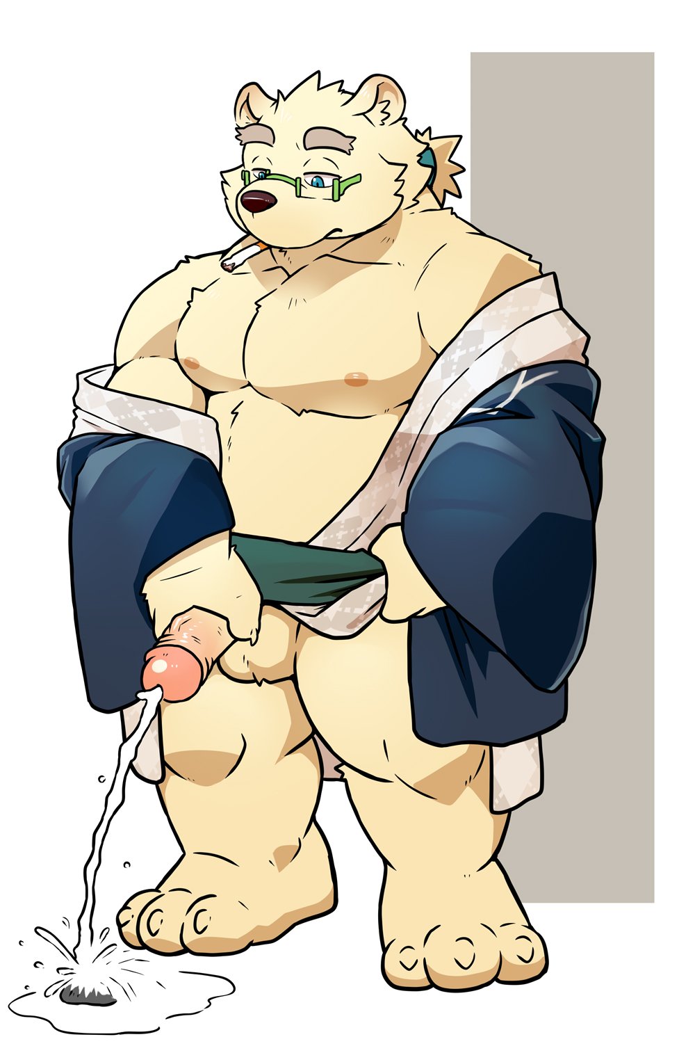 1boy 2019 anthro balls belly blue_eyes clothing eyewear fur glasses hi_res humanoid_hands humanoid_penis hupi1008 leib_(tokyo_afterschool_summoners) male male_only mammal moobs nipples overweight overweight_male peeing penis polar_bear robe solo solo_male tokyo_afterschool_summoners urination urine ursid ursine video_games white_fur