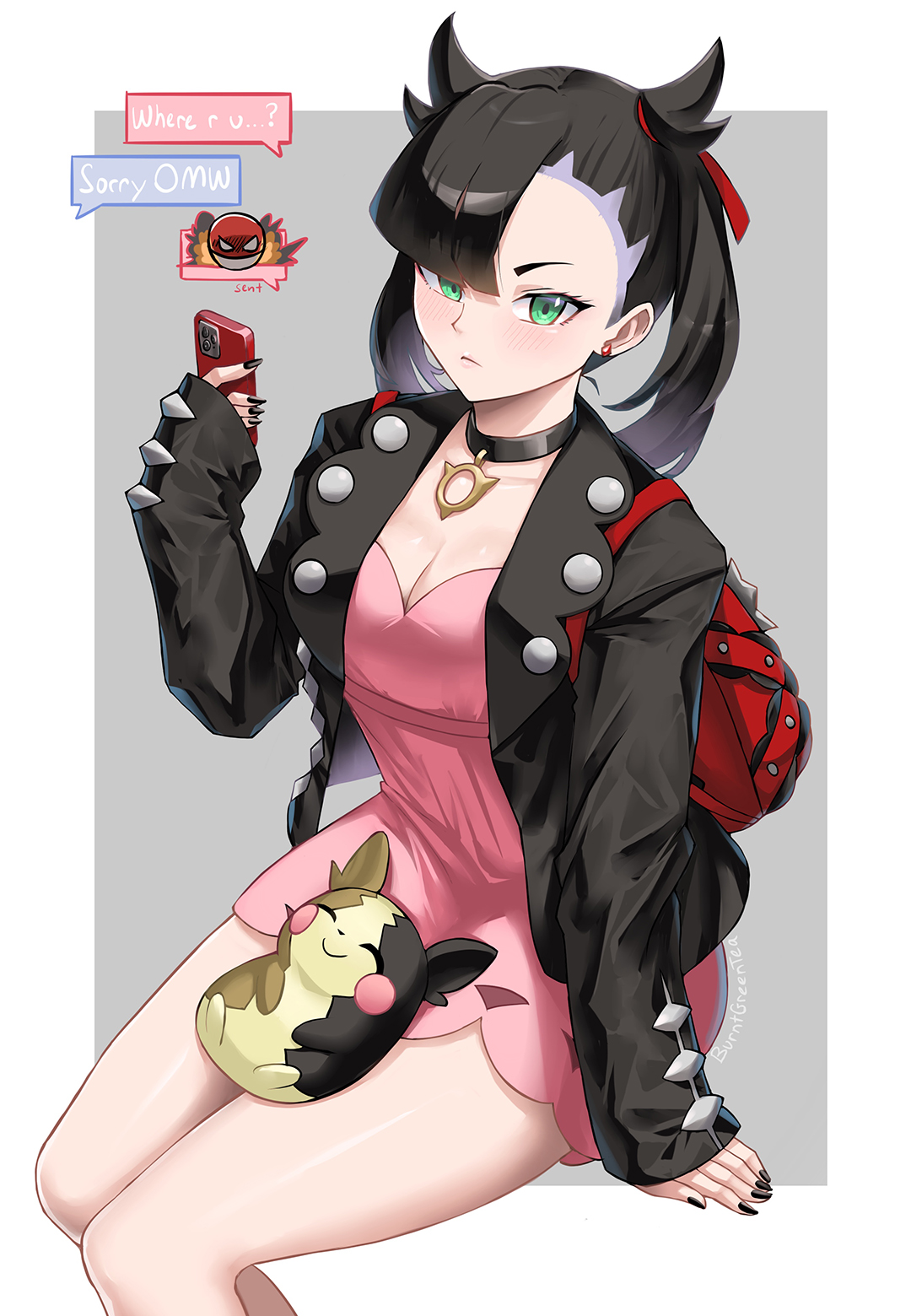 1girls, asymmetrical bangs, backpack, bag, black choker, black hair, black jacket, black nails, blush, breasts, burnt green tea, cellphone, choker, cleavage, closed mouth, dress, earrings, female, female only, green eyes, hair ribbon, highres, holding, holding phone, jacket, jewelry, long sleeves, looking at viewer, marnie (pokemon), medium breasts, morpeko, morpeko (full), nail polish, nintendo, phone, pink dress, pokemon, pokemon (species), pokemon ss, red ribbon, ribbon, smartphone, thighs, twintails, voltorb