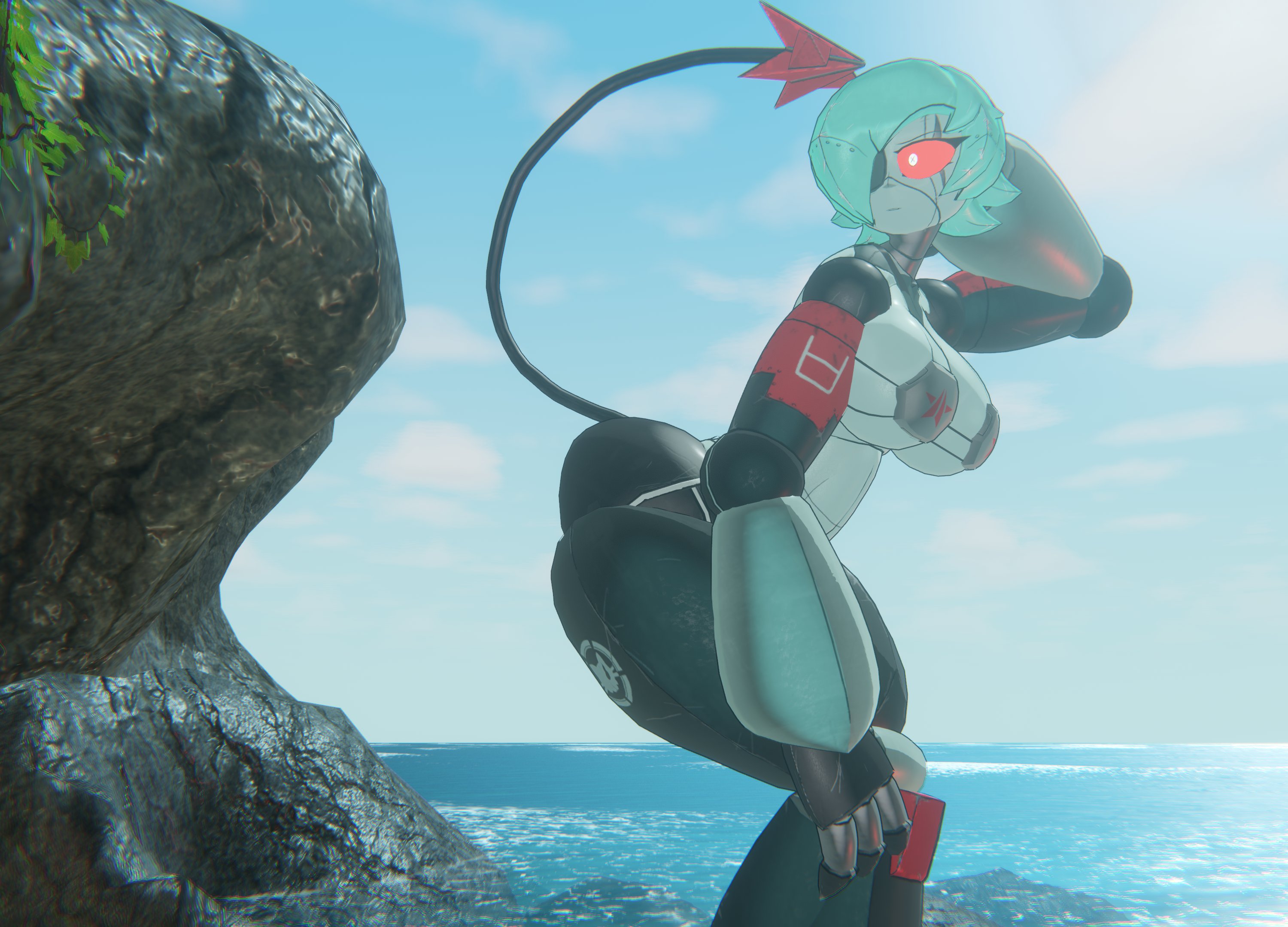 automaton (helldivers), beach, bikini, blue hair, commissar-chan (arzyparzy), eyepatch, female, helldivers, jallerarts, red eyes, robot girl, tail