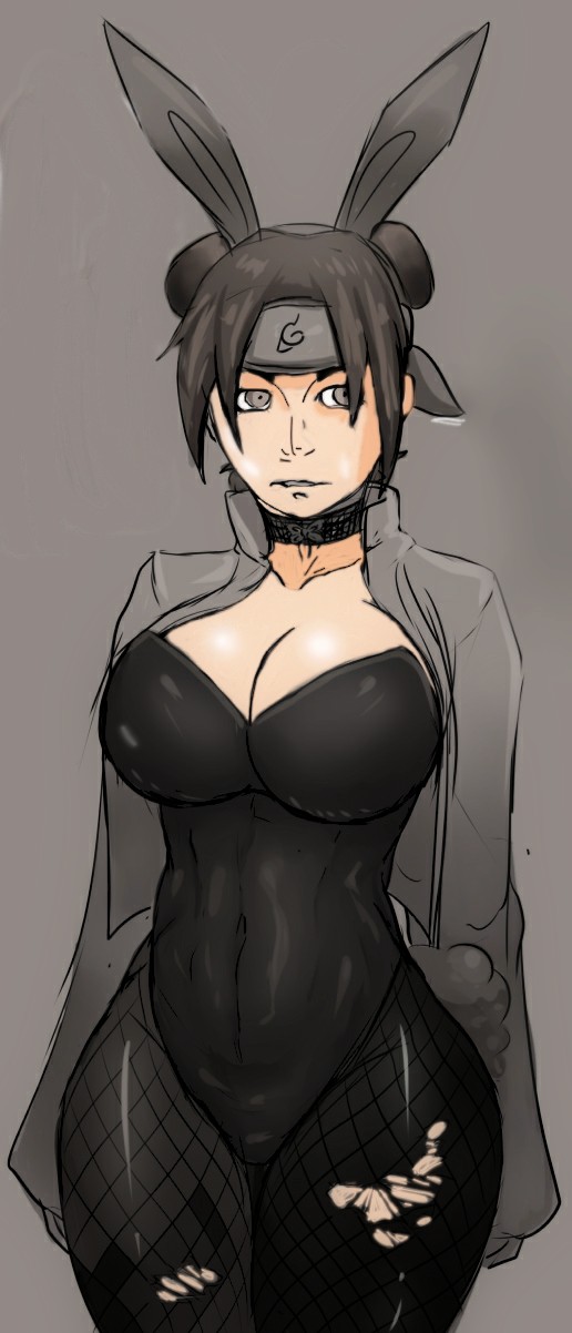1girls, big breasts, black clothing, black hair, breasts, brown eyes, bunny ears, bunny girl, bunnysuit, choker, cleavage, clothed, drawing, female, female only, fishnets, forehead protector, goth, gothified, hitai-ate, konohagakure symbol, latex, mr.russo, naruto, naruto (series), naruto shippuden, short hair, skin tight, solo, tenten, torn thighhighs, voluptuous